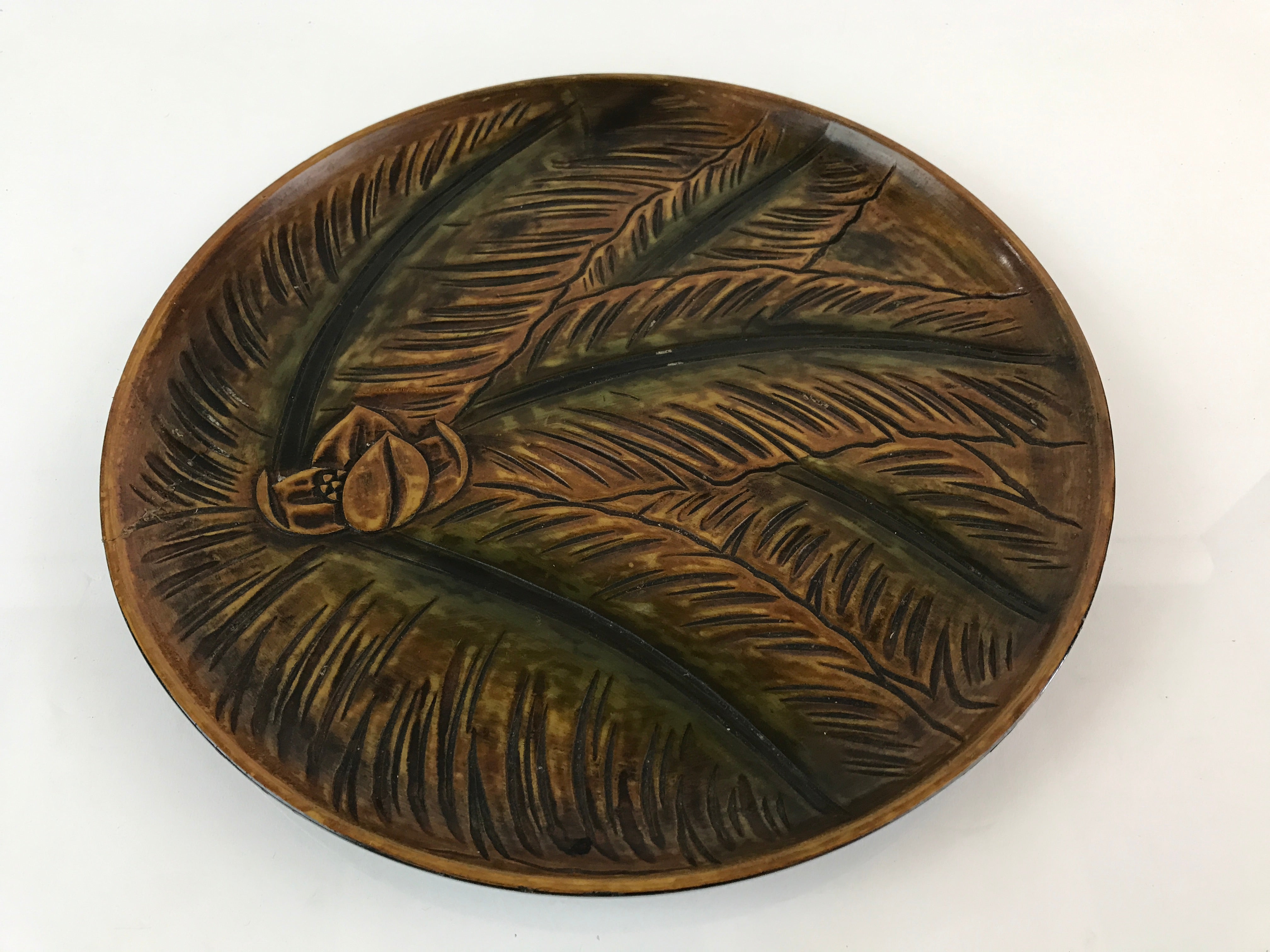 Japanese Wood Carving Tray Obon Vtg Round Wood Brown And Green Leaves UR815