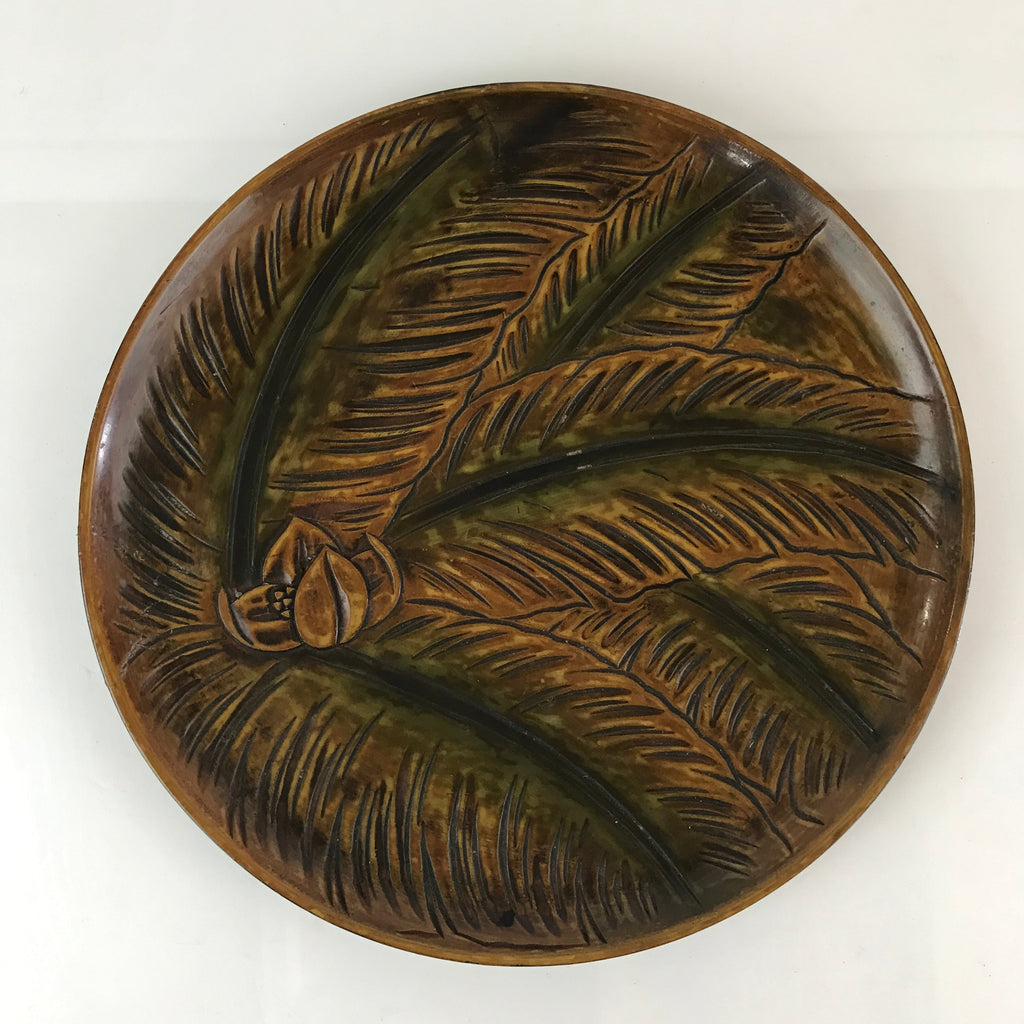 Japanese Wood Carving Tray Obon Vtg Round Wood Brown And Green Leaves UR815