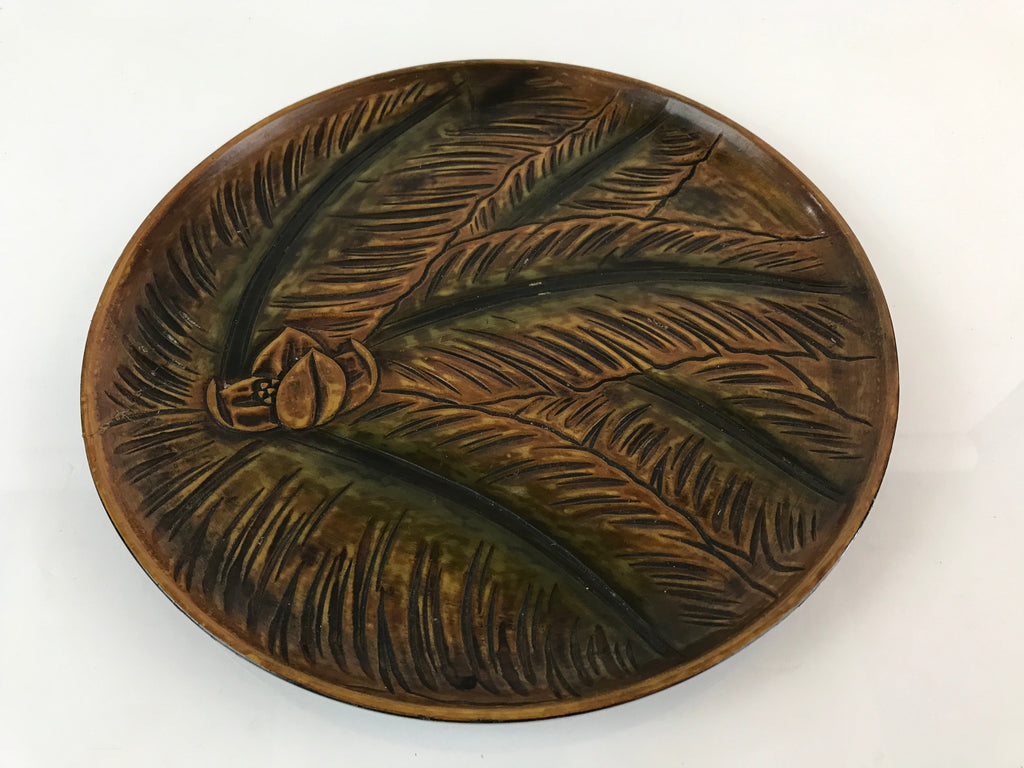 Japanese Wood Carving Tray Obon Vtg Round Wood Brown Leaf UR815