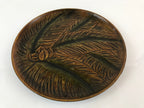 Japanese Wood Carving Tray Obon Vtg Round Wood Brown Leaf UR815