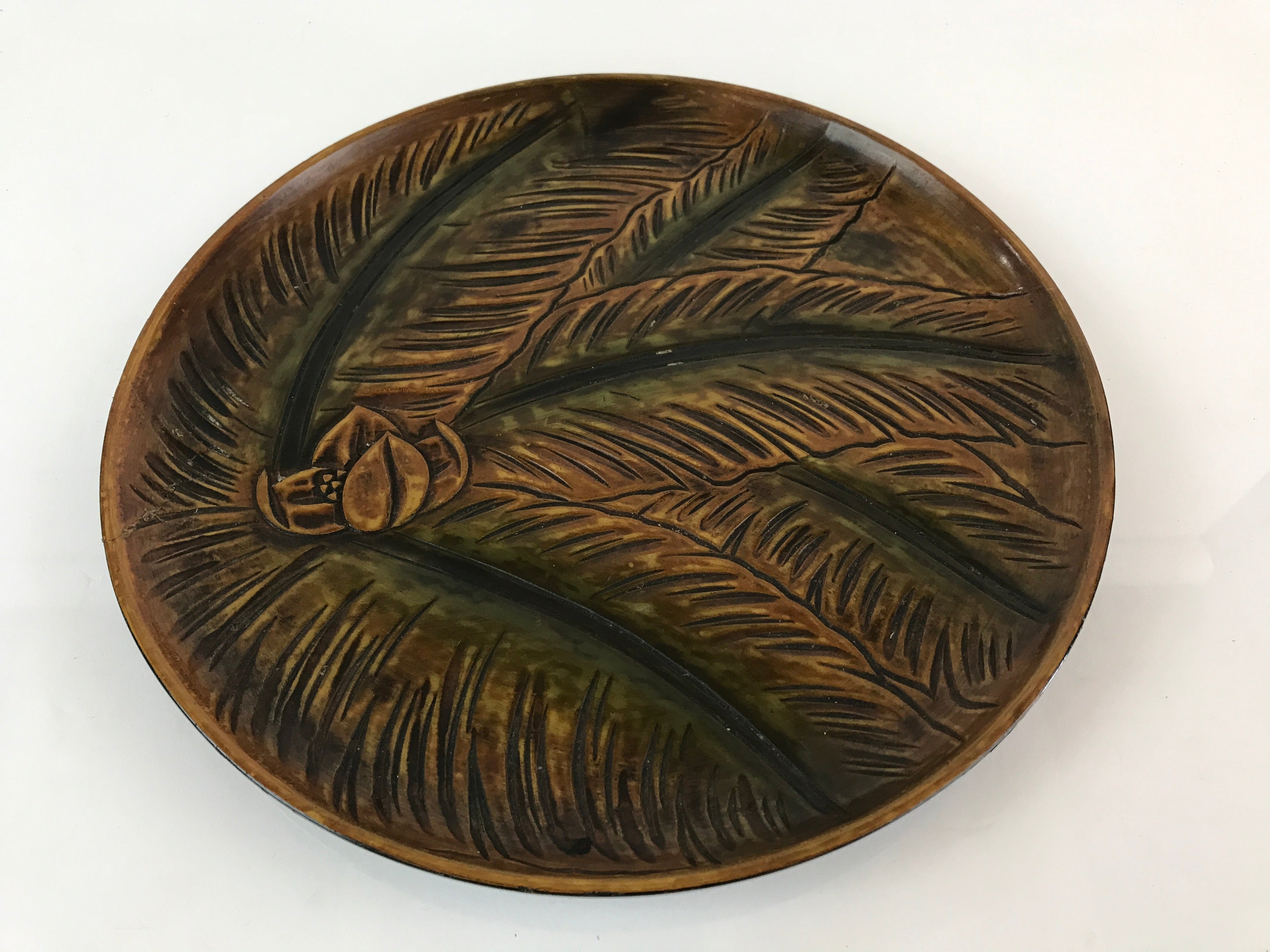 Japanese Wood Carving Tray Obon Vtg Round Wood Brown Leaf UR815