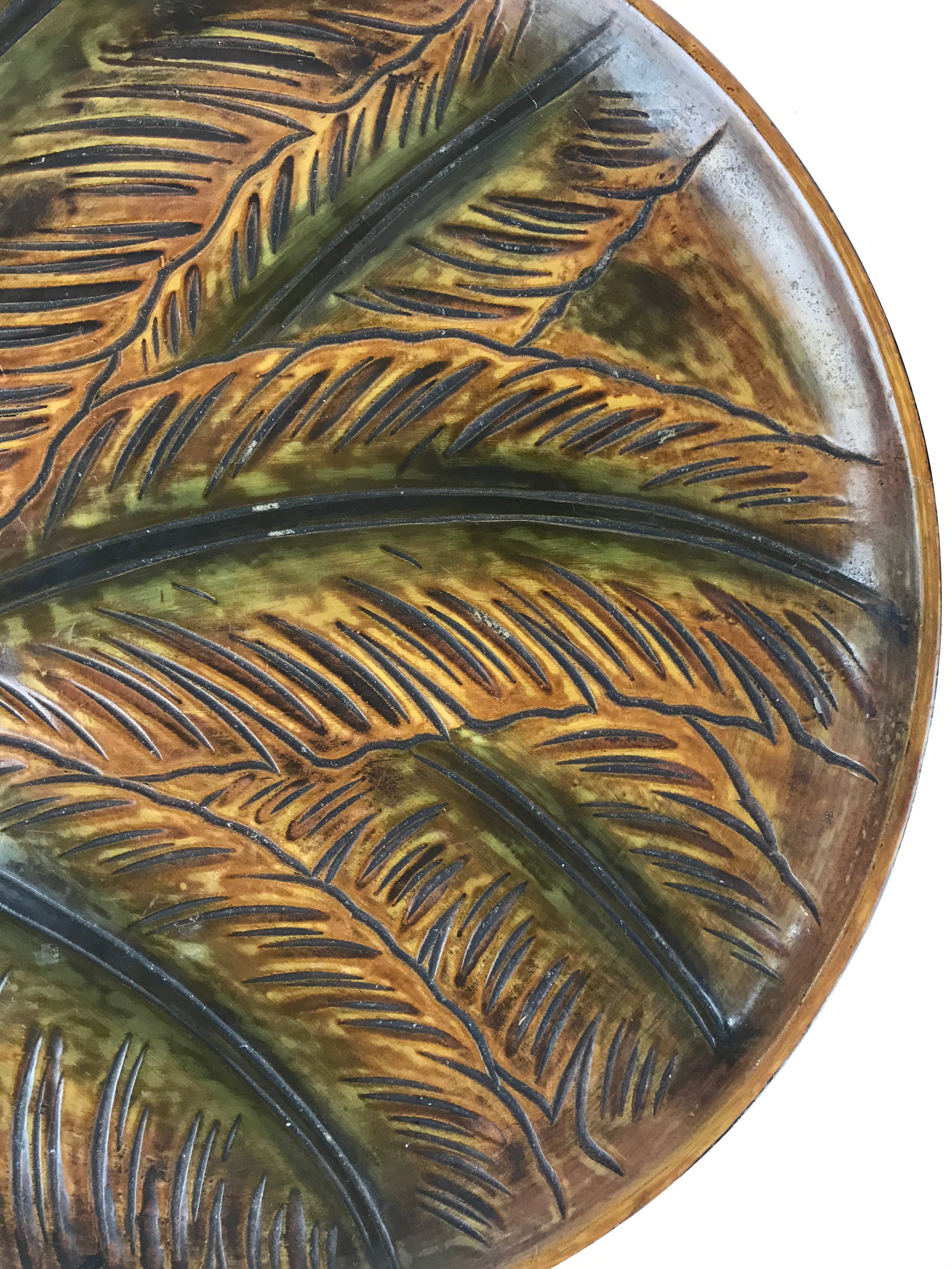 Japanese Wood Carving Tray Obon Vtg Round Wood Brown Leaf UR815