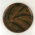 Japanese Wood Carving Tray Obon Vtg Round Wood Brown Leaf UR815