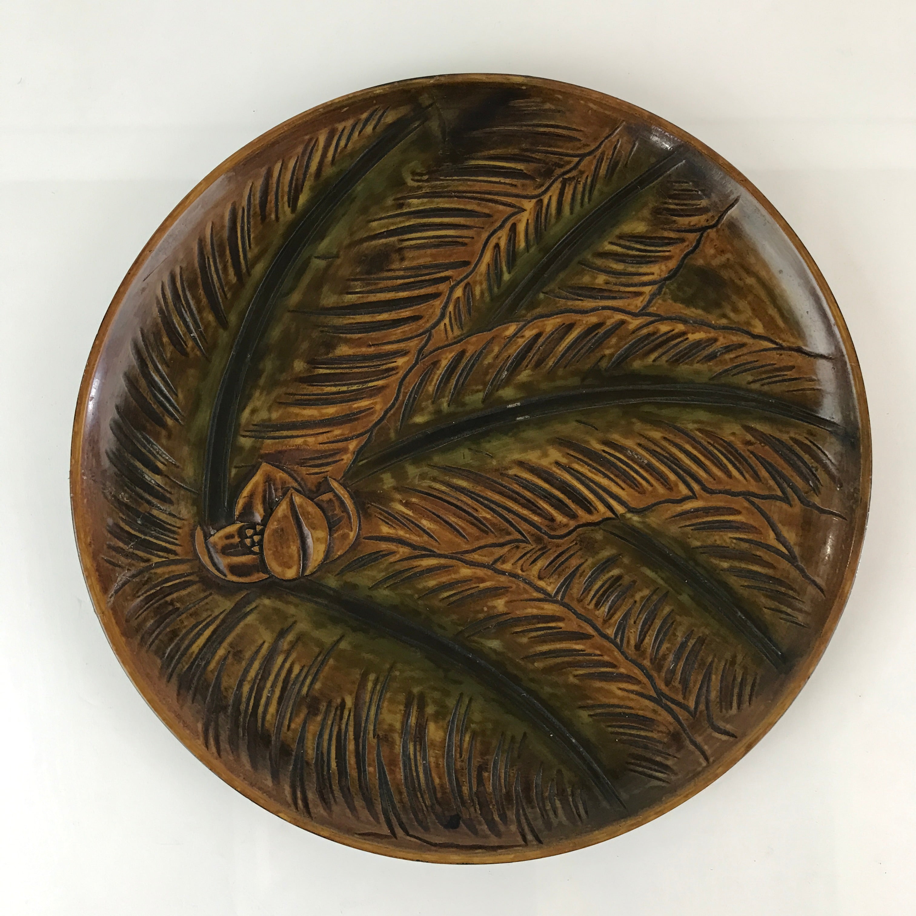Japanese Wood Carving Tray Obon Vtg Round Wood Brown Leaf UR815