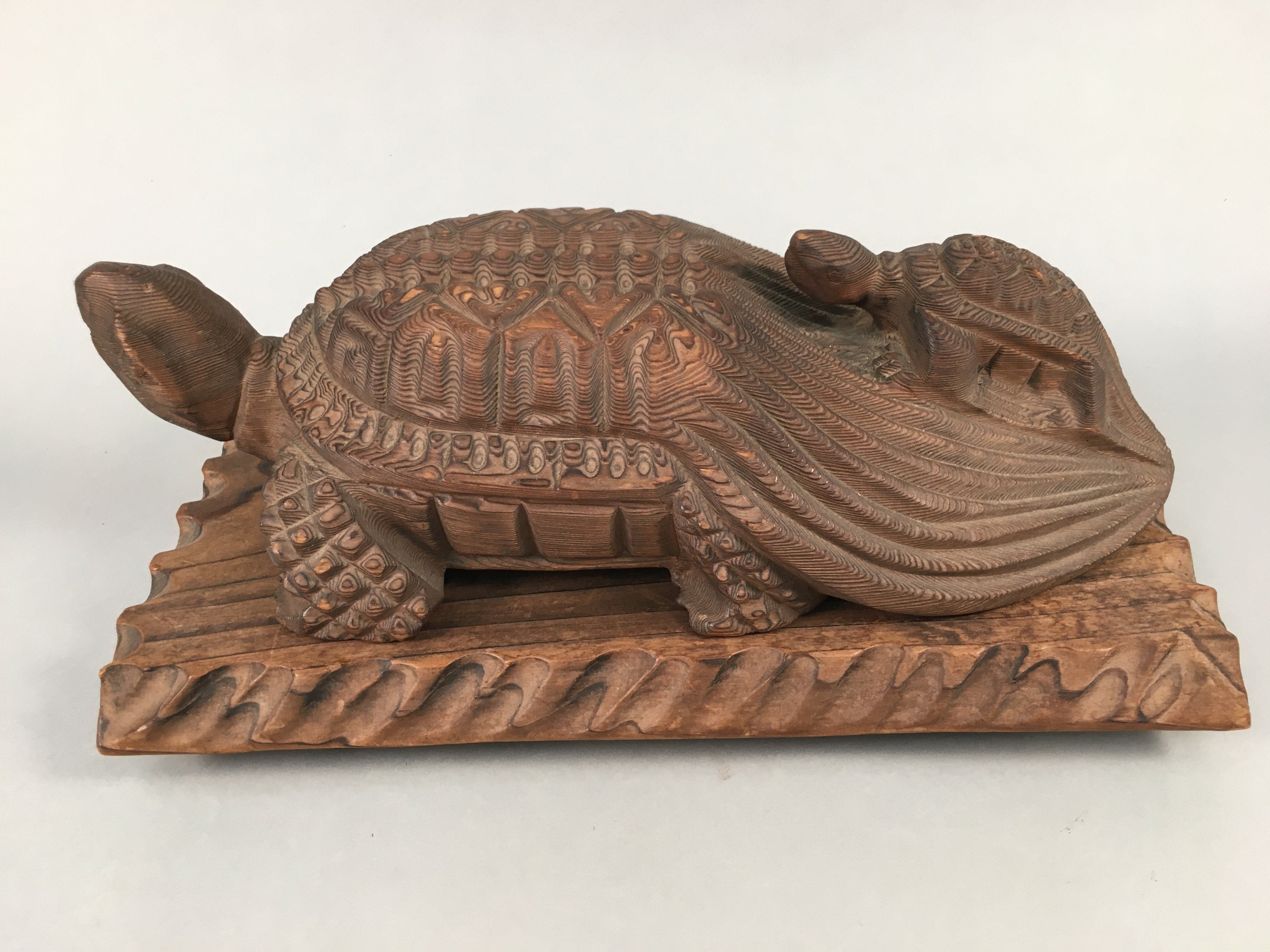 Japanese Wood Carving Vtg Turtle Brown Statue Figurine Lucky Charm BD621