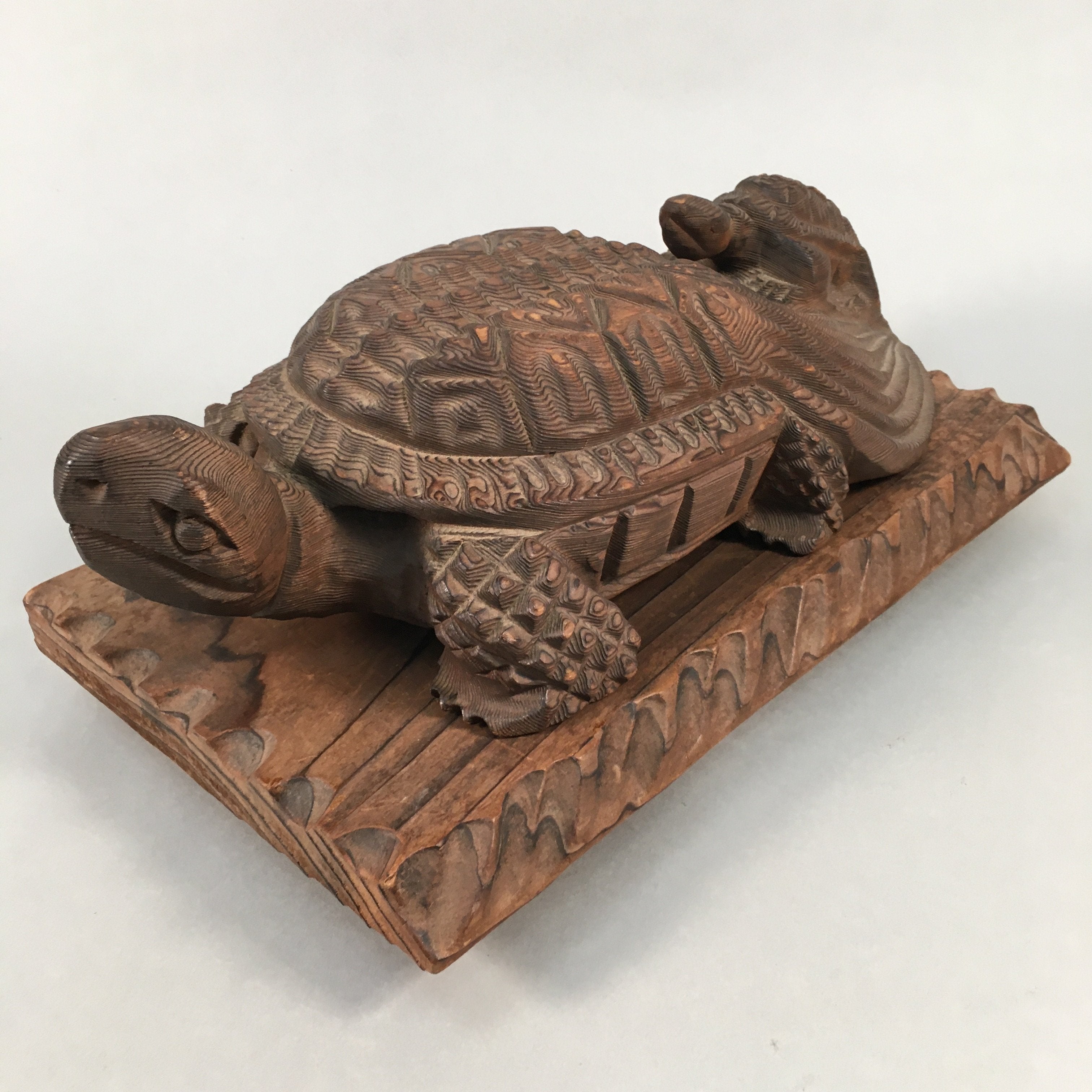 Japanese Wood Carving Vtg Turtle Brown Statue Figurine Lucky Charm BD621
