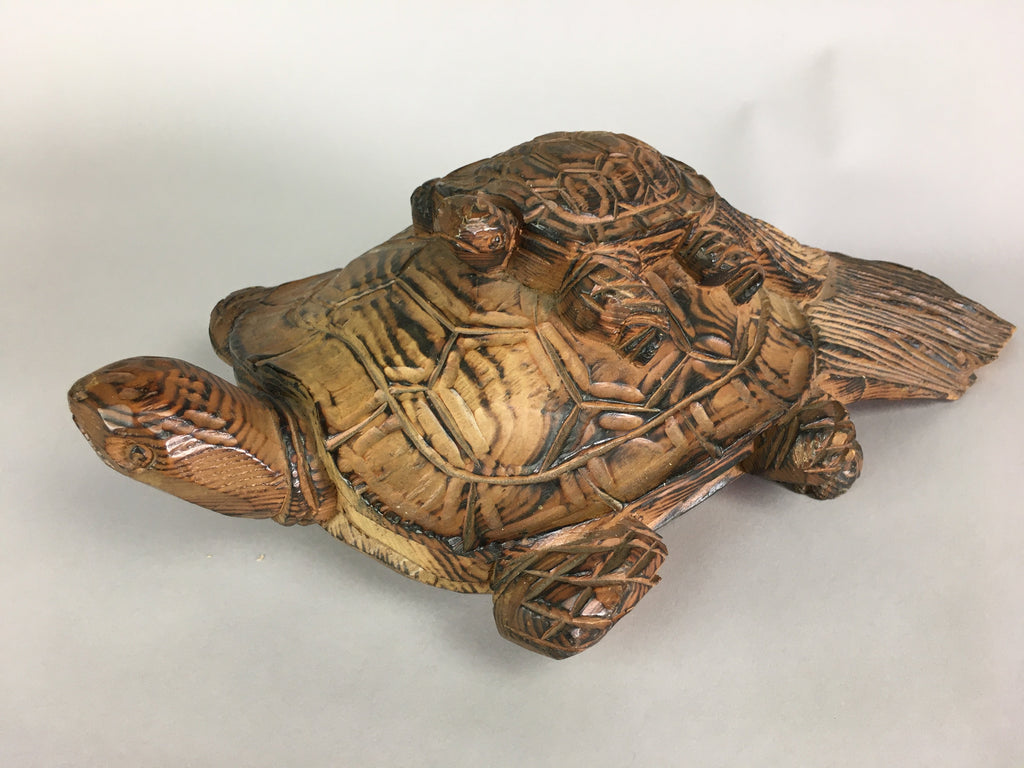 Japanese Wood Carving Vtg Turtle Brown Statue Figurine Lucky Charm BD623