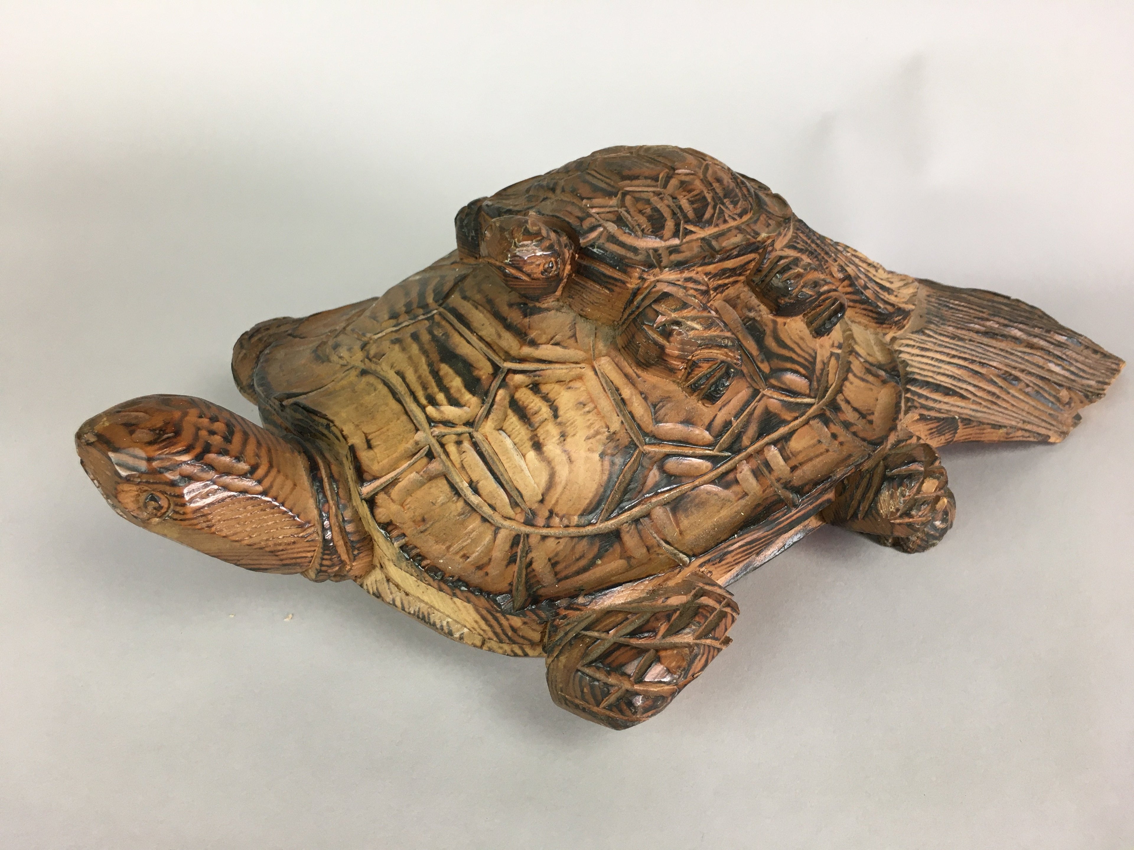 Japanese Wood Carving Vtg Turtle Brown Statue Figurine Lucky Charm BD623