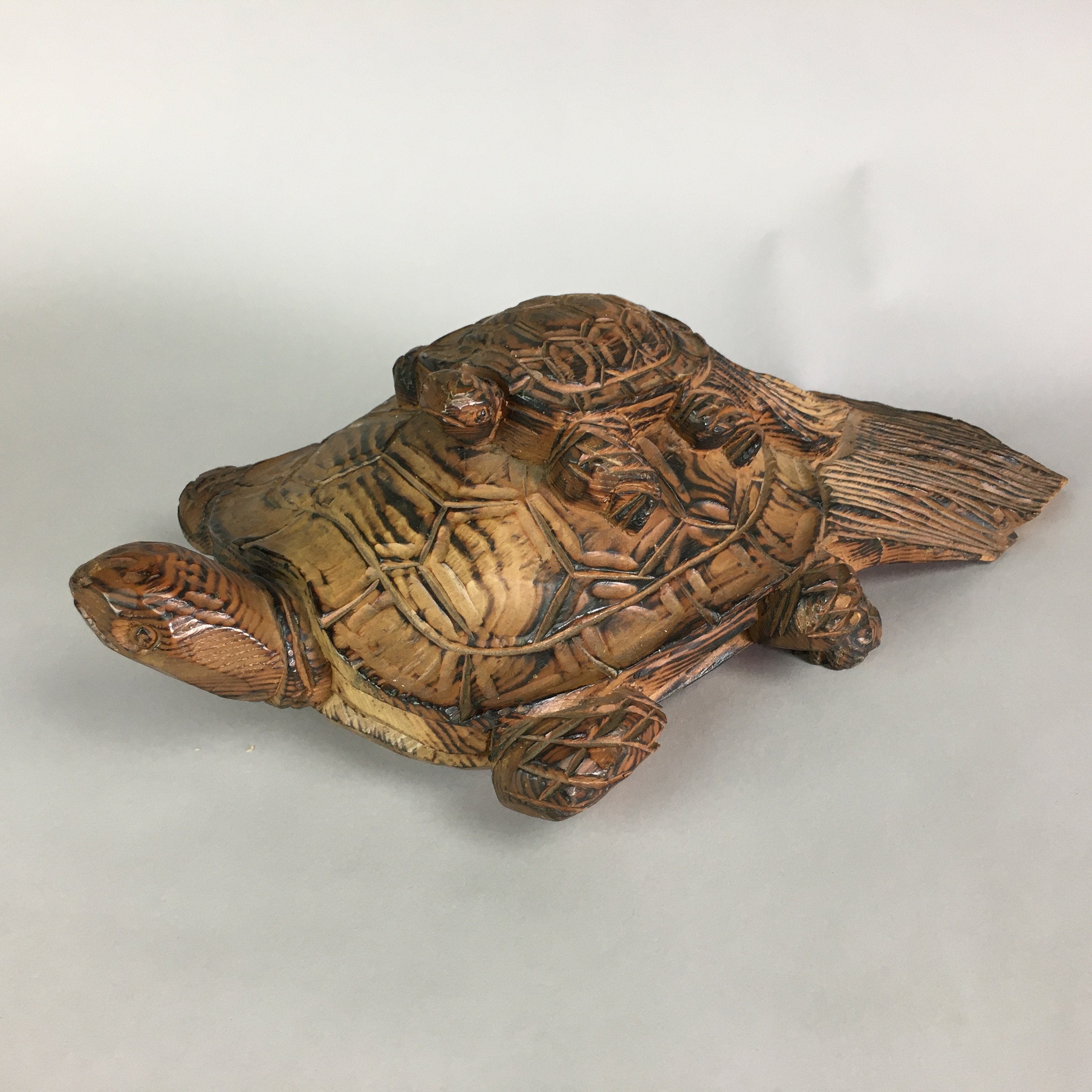 Japanese Wood Carving Vtg Turtle Brown Statue Figurine Lucky Charm BD623