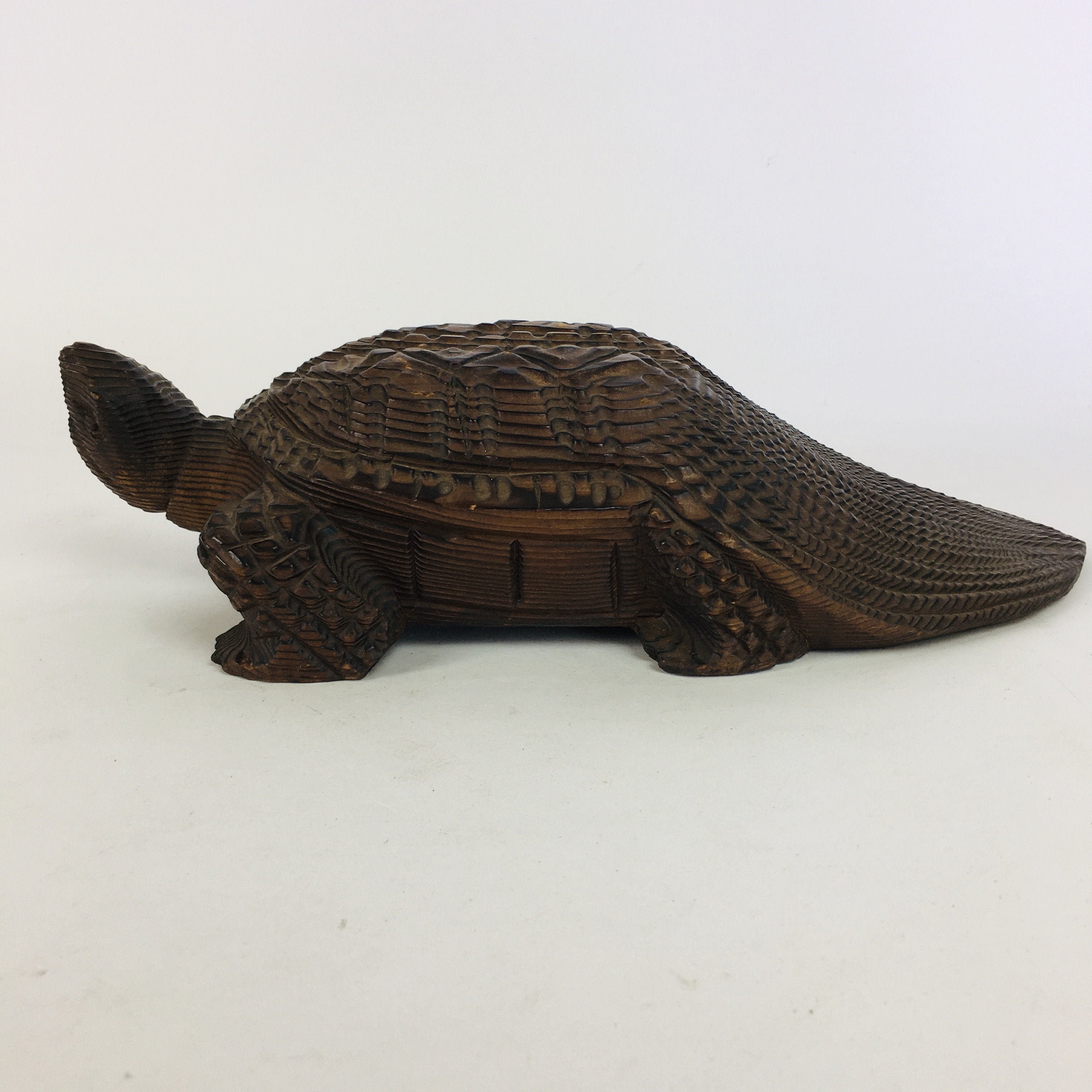 Japanese Wood Carving Vtg Turtle Brown Statue Figurine Lucky Charm Kame BD674
