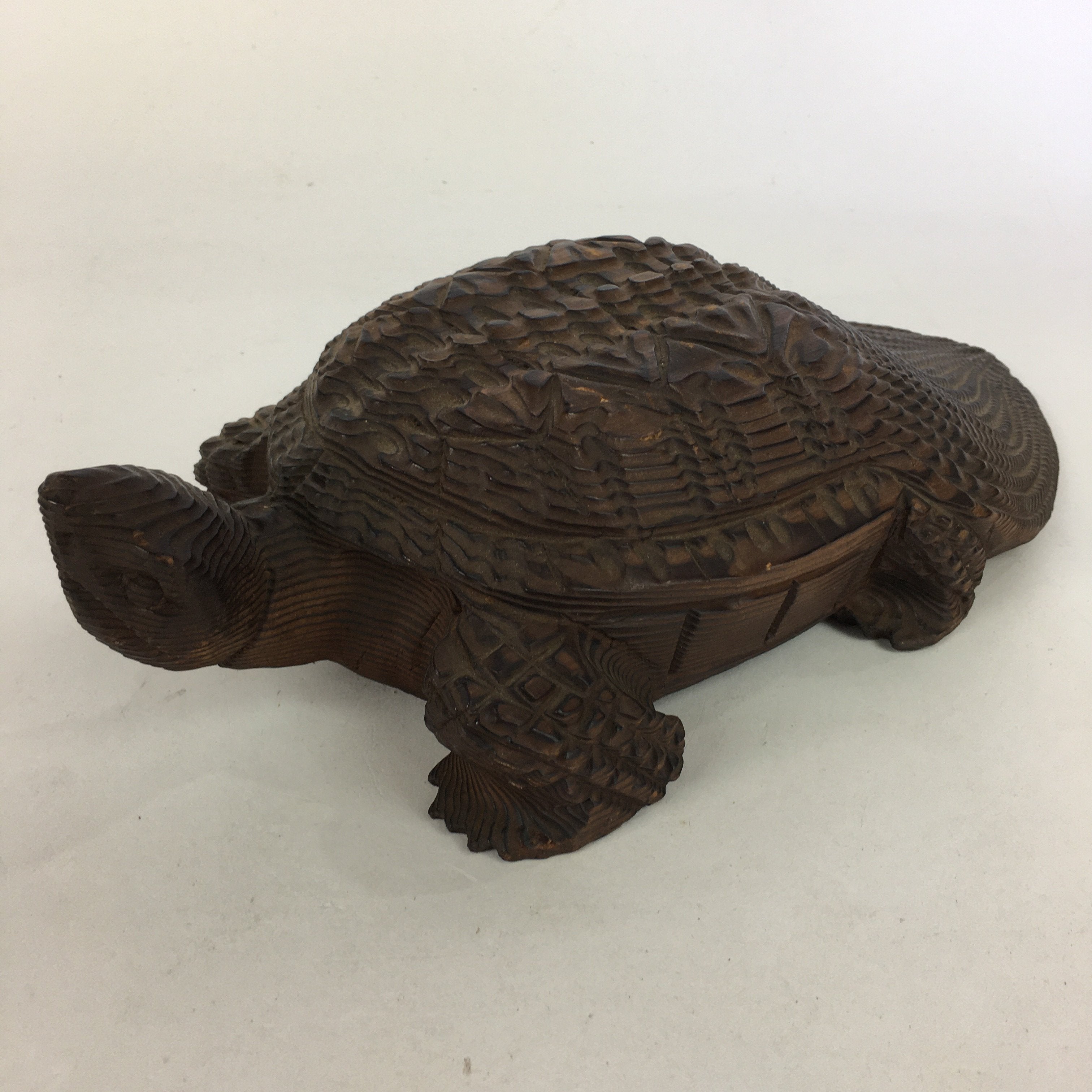 Japanese Wood Carving Vtg Turtle Brown Statue Figurine Lucky Charm Kame BD674