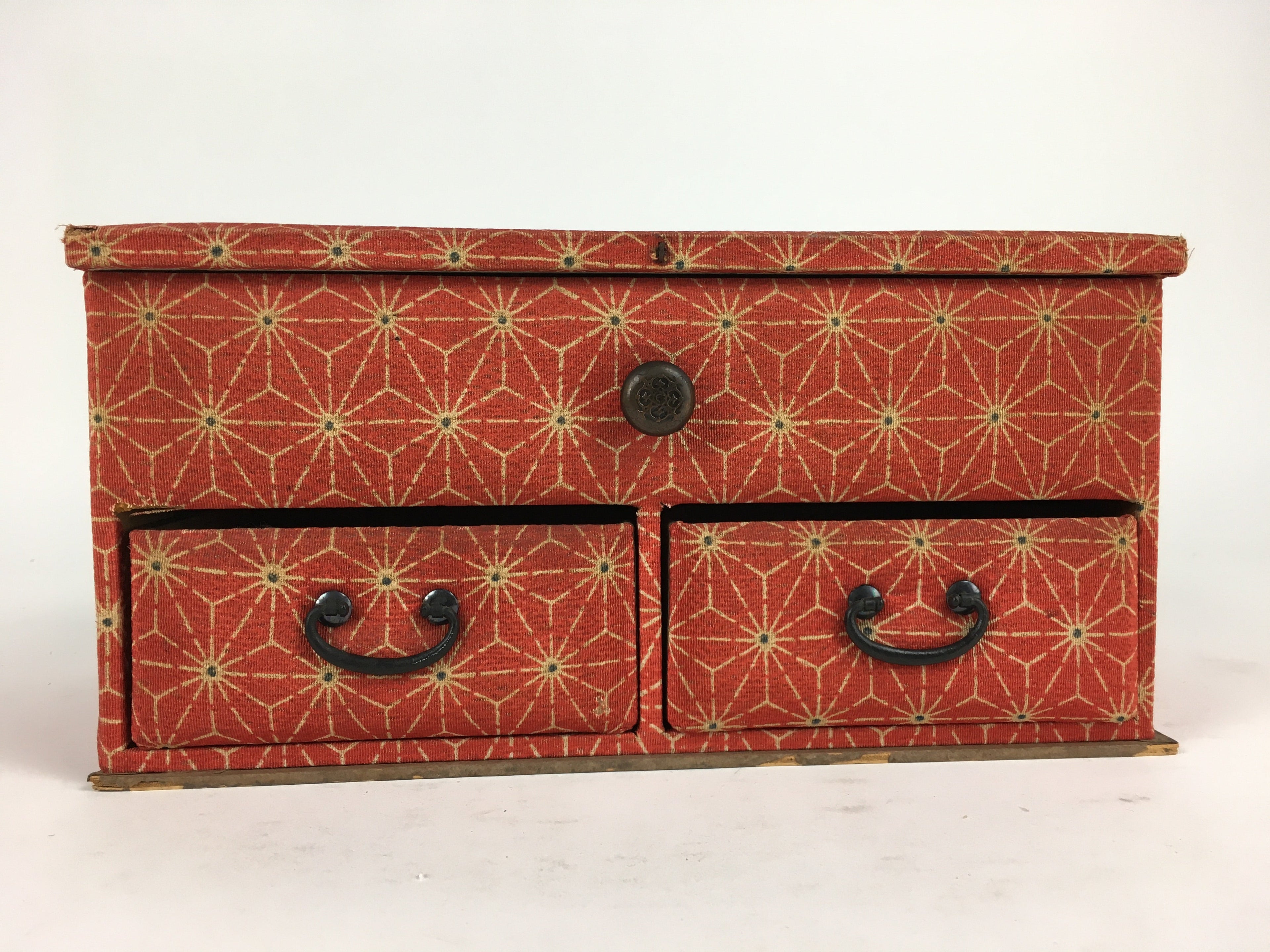 Japanese Wood Fabric Sewing Box Vtg Haribako Chest Tansu 2Drawers T291