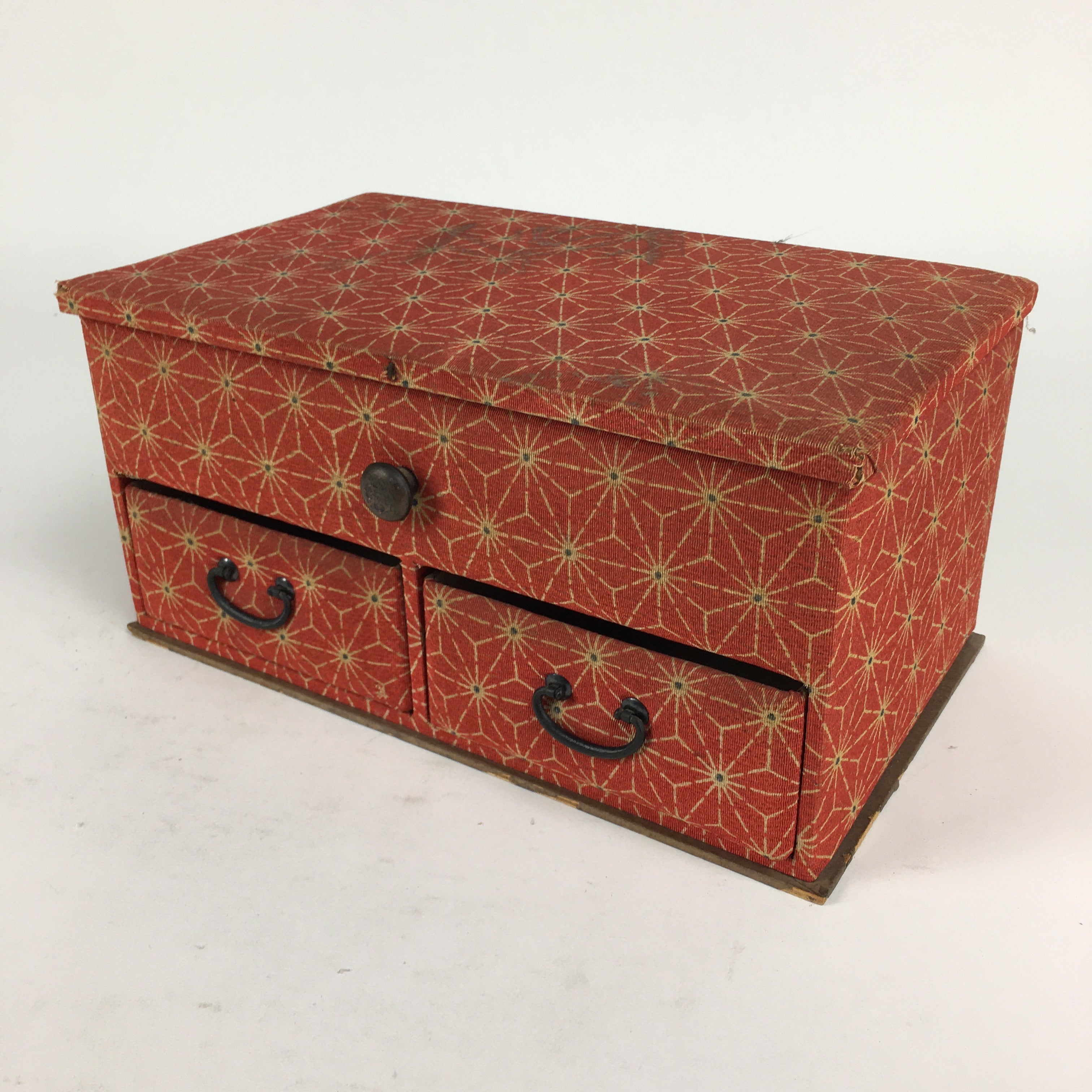 Japanese Wood Fabric Sewing Box Vtg Haribako Chest Tansu 2Drawers T291