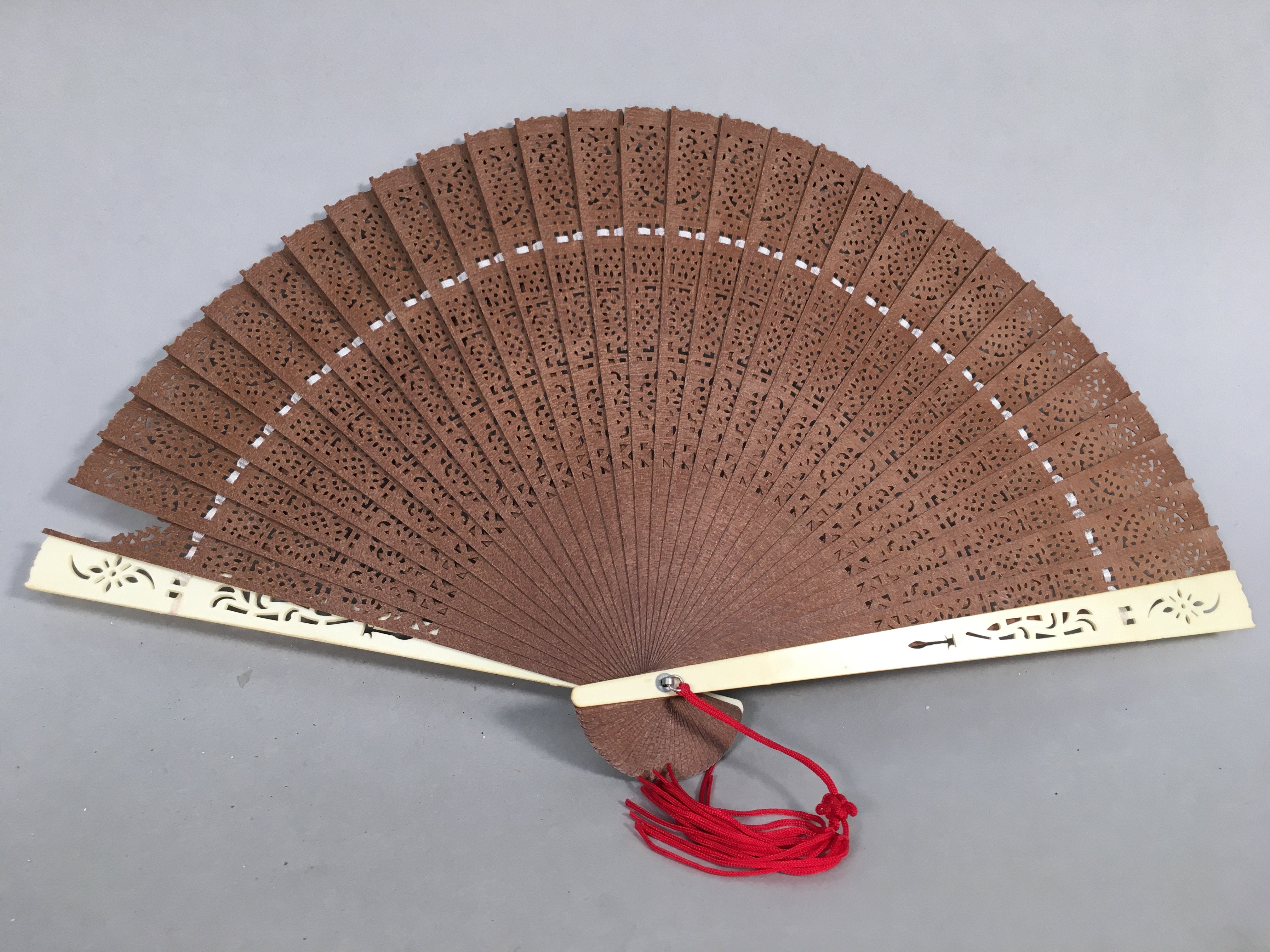 Japanese Wood Folding Scented Hand Fan Vtg Sensu Openwork 4D443