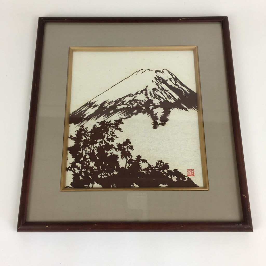 Japanese Wood Framed Katagami Paper Kimono Stencil Art Mountain FL77