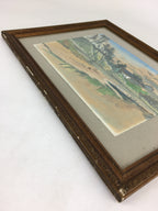 Japanese Wood Framed Landscape Painting Vtg Pine Tree Houses FL59