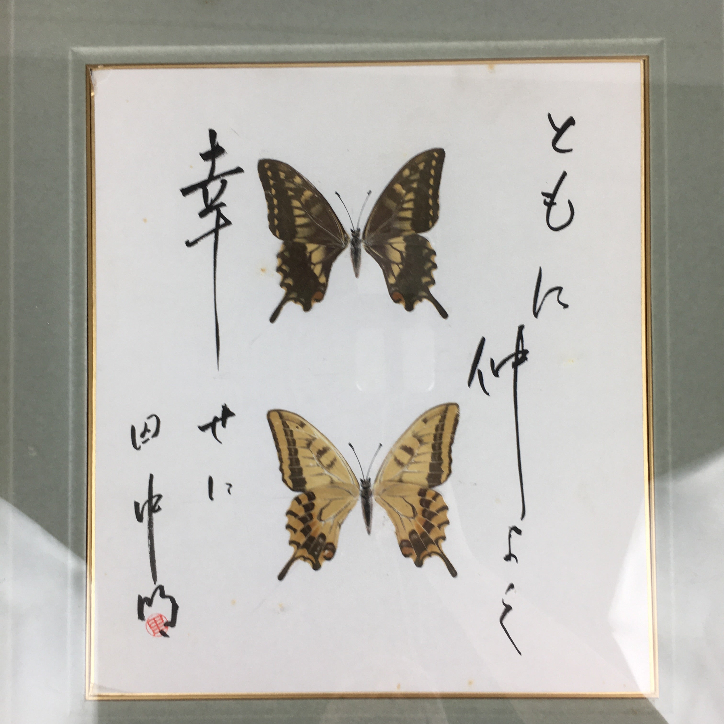 Japanese Wood Framed Shikishi Paper Vtg Butterfly wings pasted picture FL55