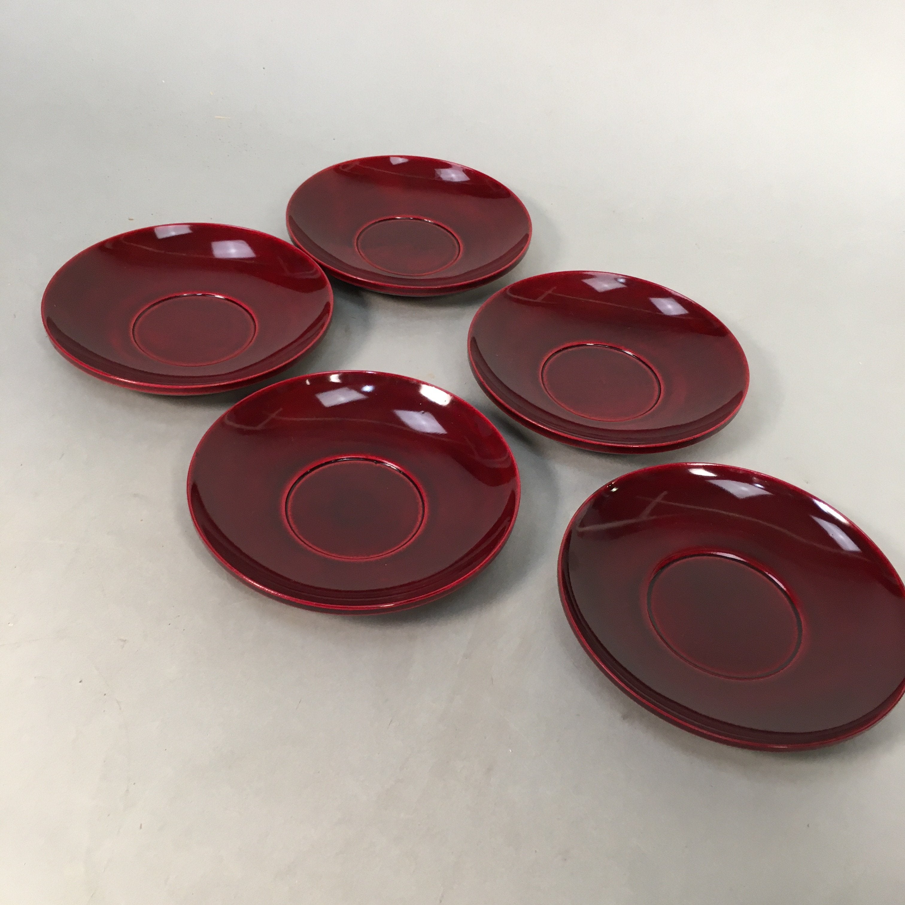Japanese Wood Lacquer Drink Saucer 5pc Set Shunkei-Nuri Vtg Chataku Coaster PX48