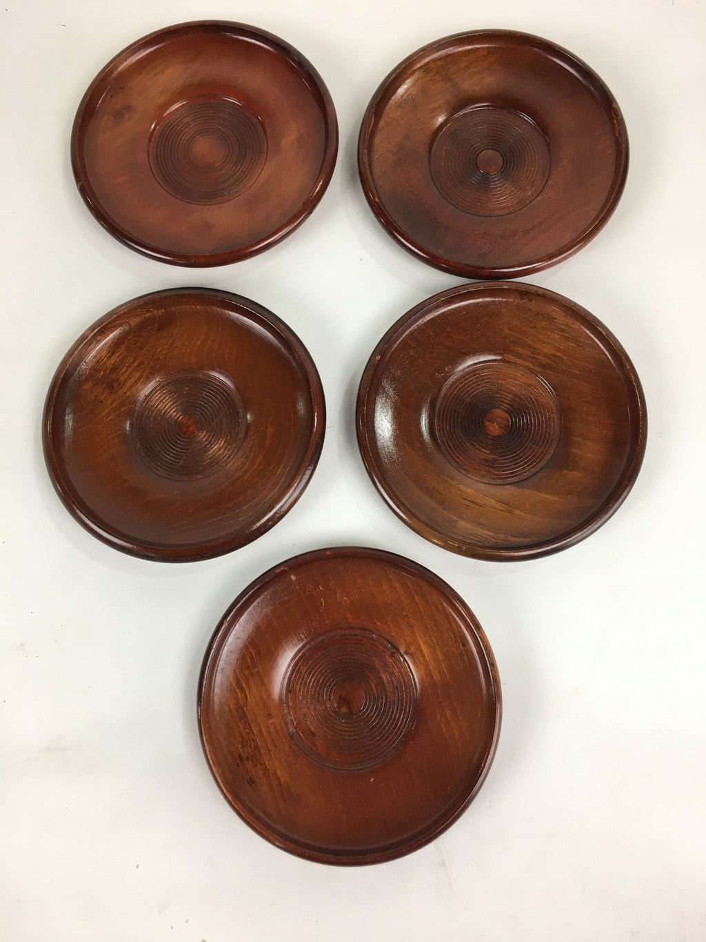 Japanese Wood Lacquer Drink Saucer 5pc Set Vtg Chataku Coaster Brown UR534
