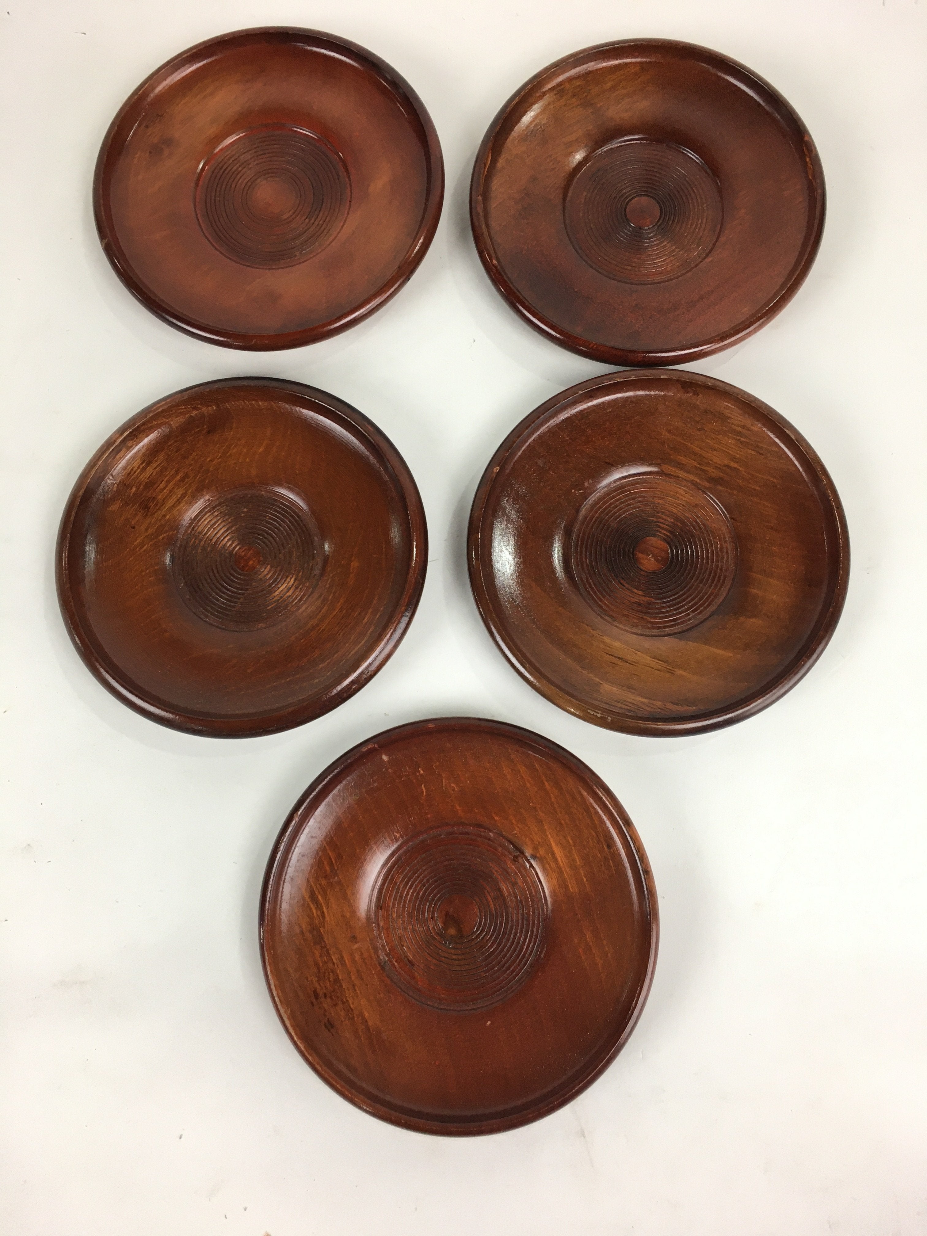 Japanese Wood Lacquer Drink Saucer 5pc Set Vtg Chataku Coaster Brown UR534