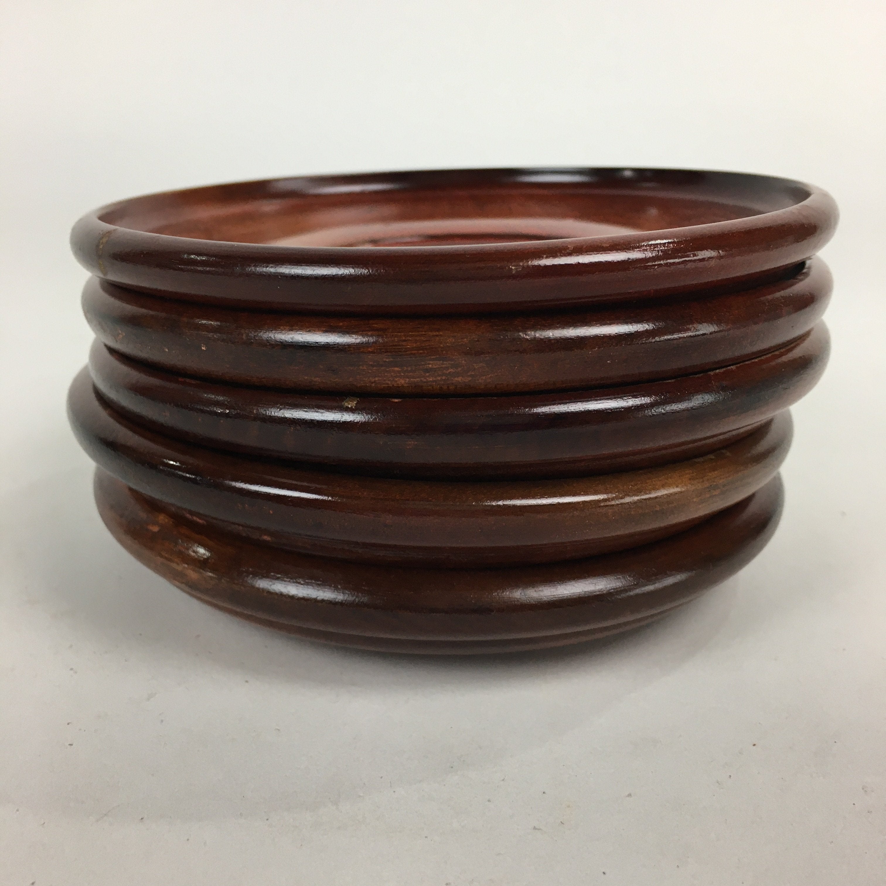 Japanese Wood Lacquer Drink Saucer 5pc Set Vtg Chataku Coaster Brown UR534