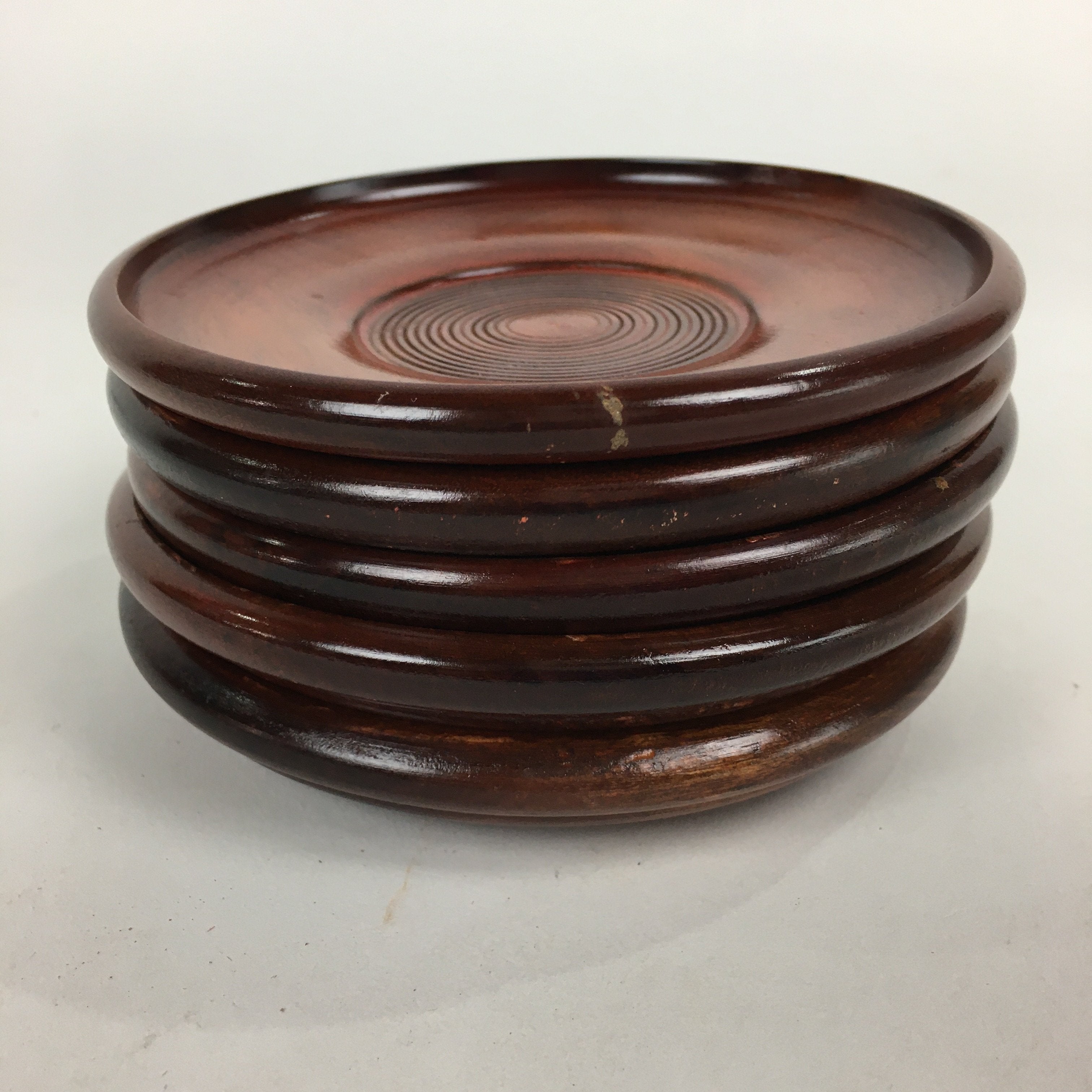 Japanese Wood Lacquer Drink Saucer 5pc Set Vtg Chataku Coaster Brown UR534