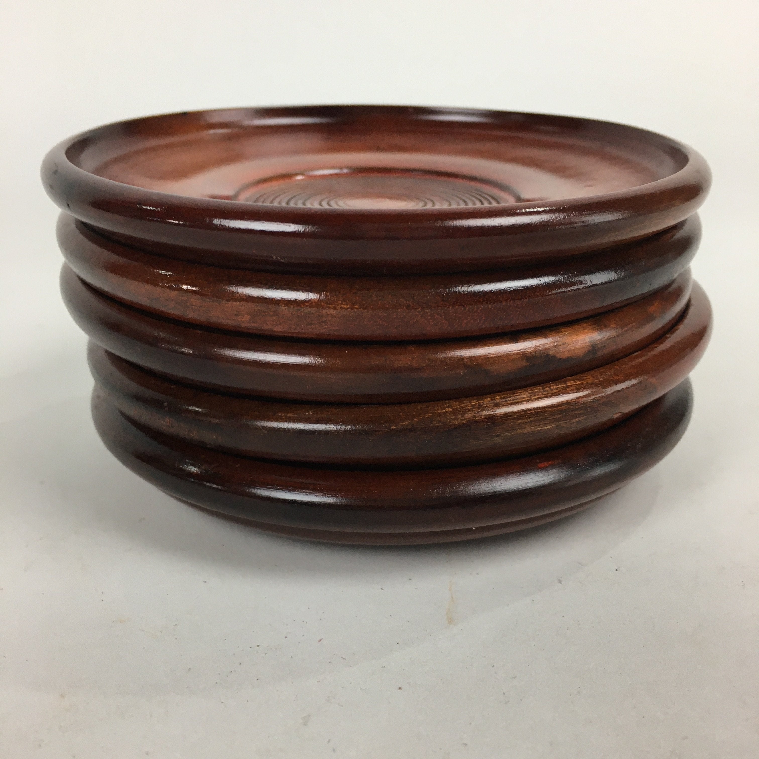 Japanese Wood Lacquer Drink Saucer 5pc Set Vtg Chataku Coaster Brown UR534