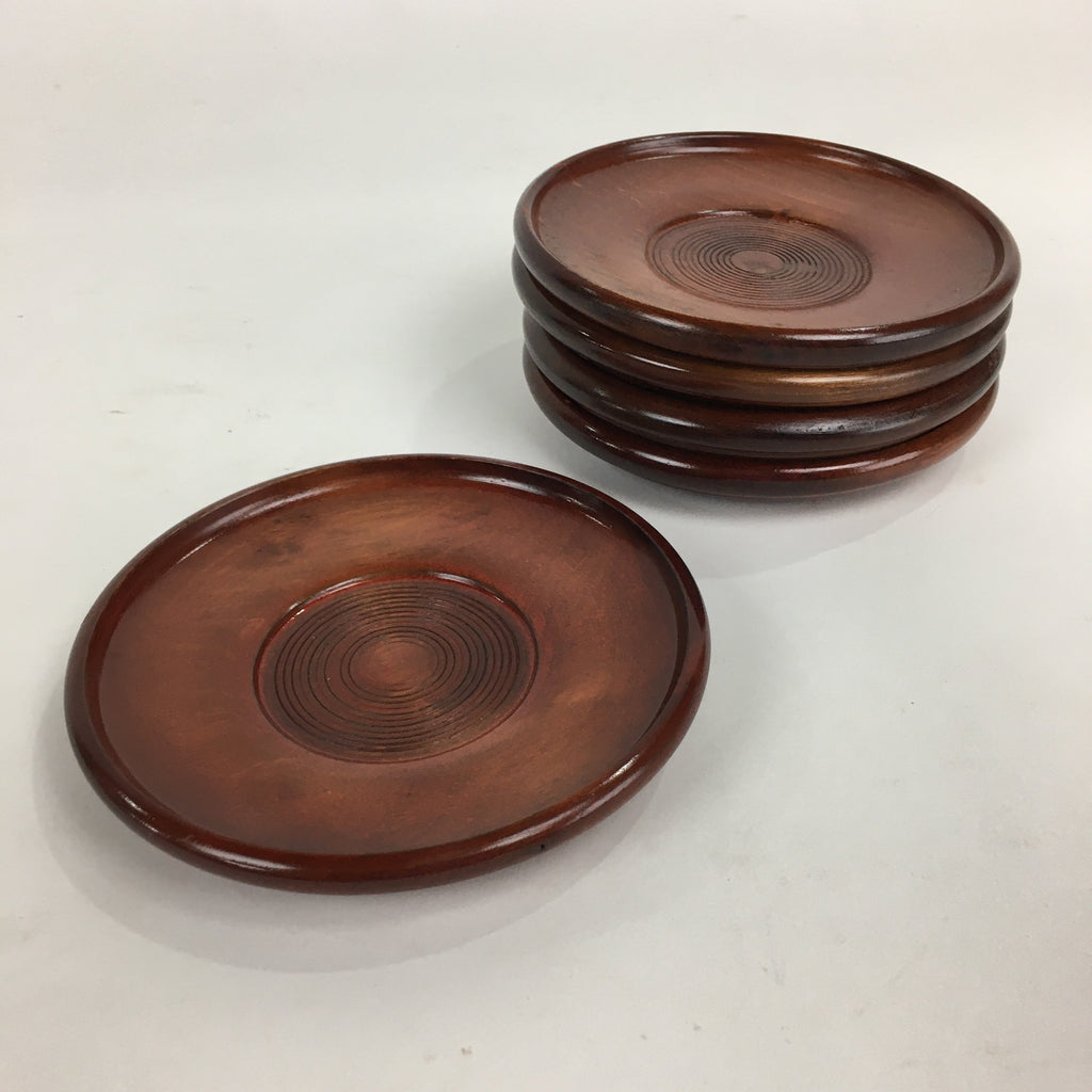 Japanese Wood Lacquer Drink Saucer 5pc Set Vtg Chataku Coaster Brown UR534