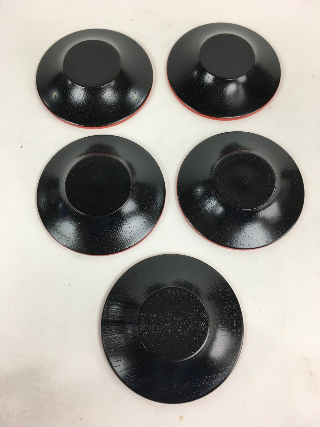 Japanese Wood Lacquer Drink Saucer 5pc Set Vtg Chataku Coaster Red Black UR535