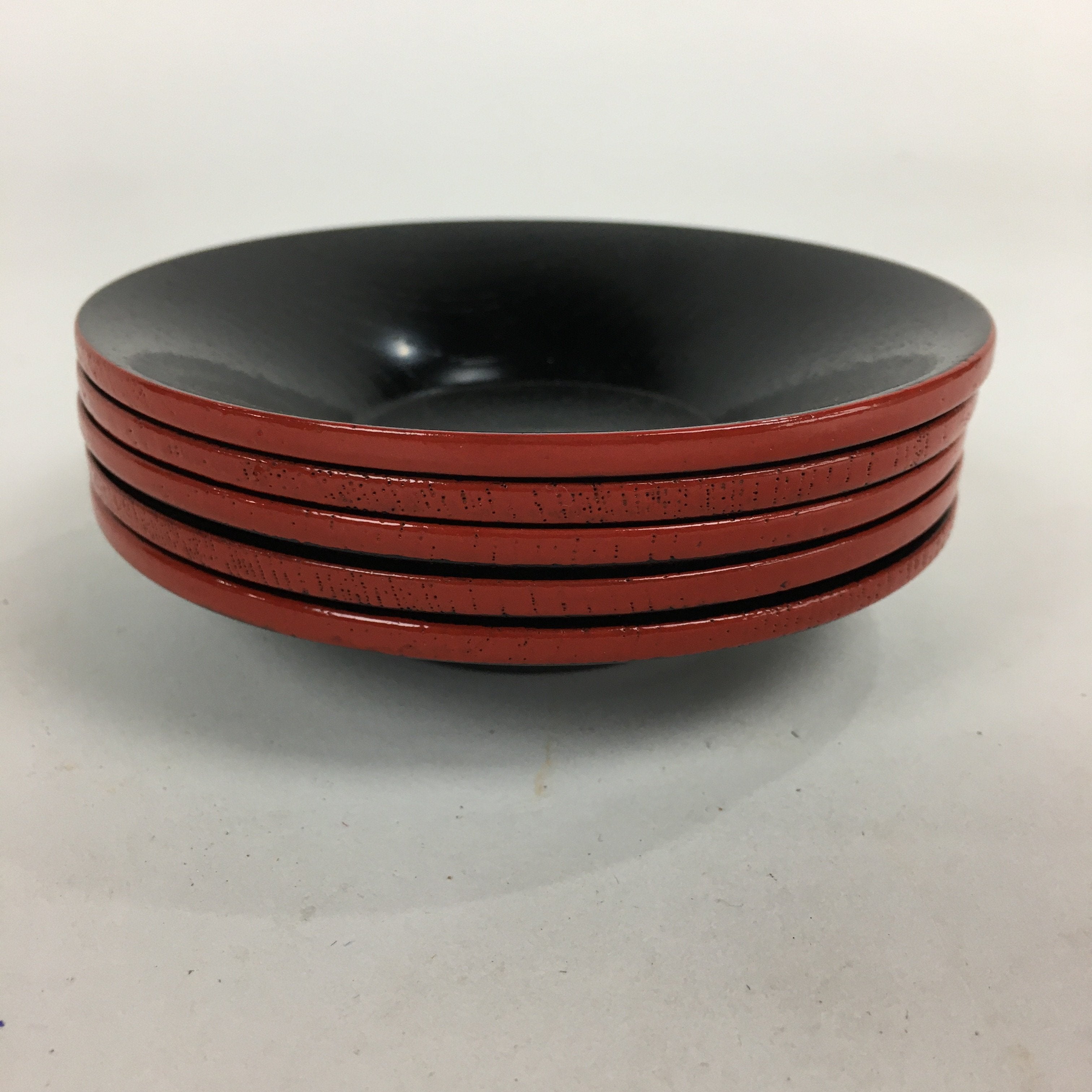 Japanese Wood Lacquer Drink Saucer 5pc Set Vtg Chataku Coaster Red Black UR535