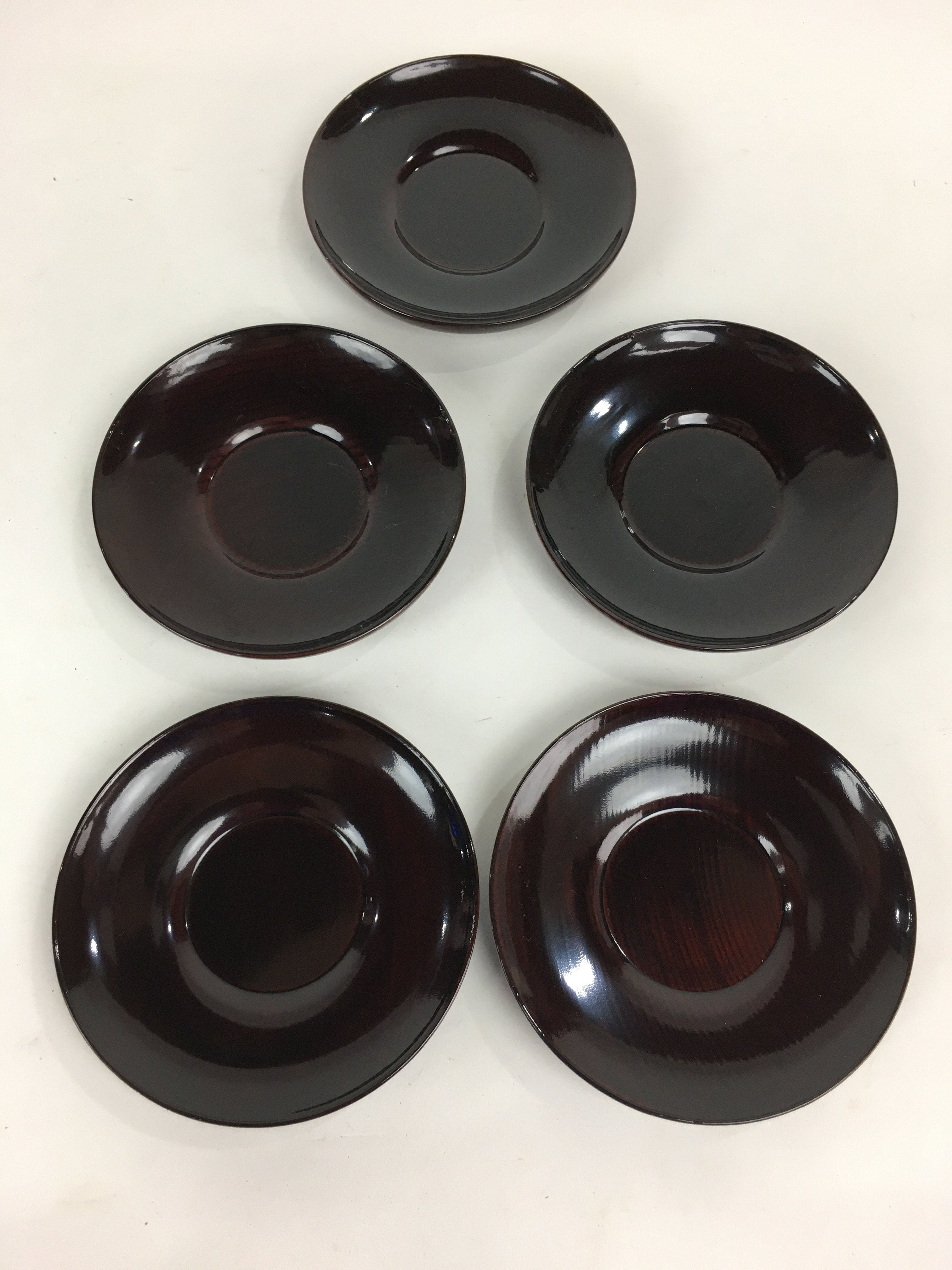 Japanese Wood Lacquer Drink Saucer 5pc Set Vtg Chataku Coaster Reddish-brown UR5