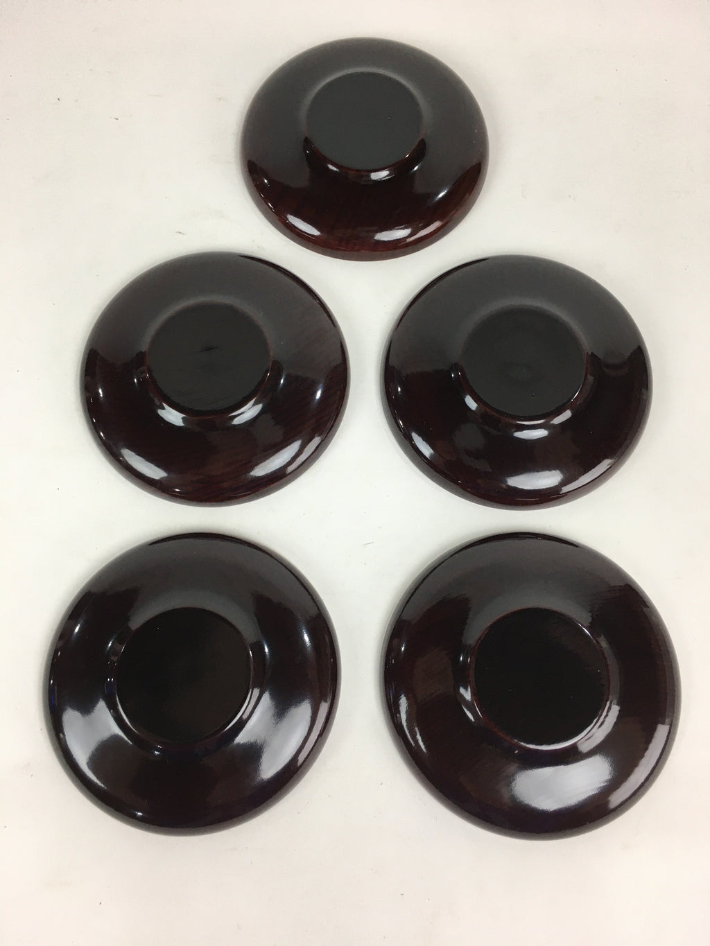 Japanese Wood Lacquer Drink Saucer 5pc Set Vtg Chataku Coaster Reddish-brown UR5