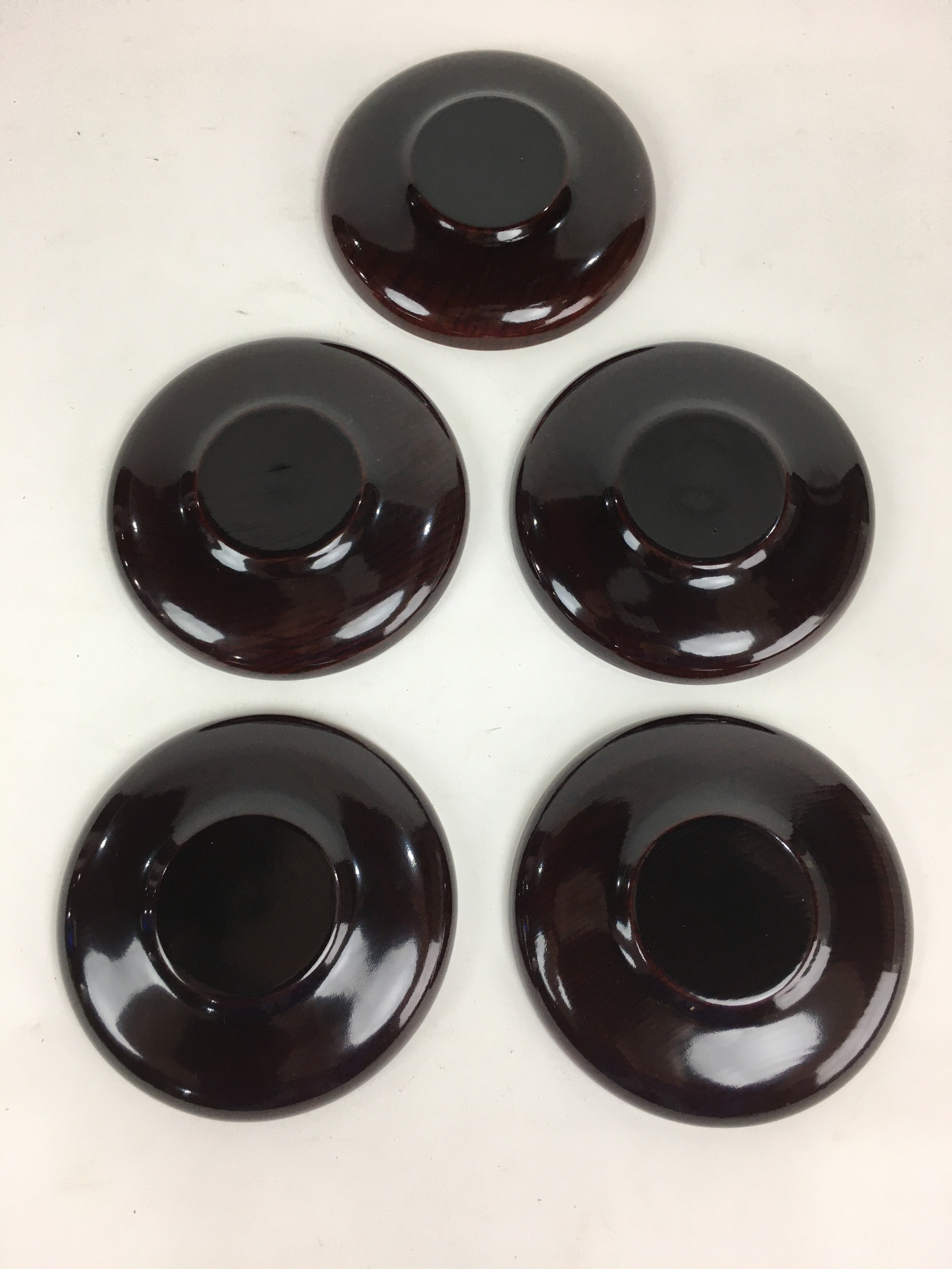 Japanese Wood Lacquer Drink Saucer 5pc Set Vtg Chataku Coaster Reddish-brown UR5