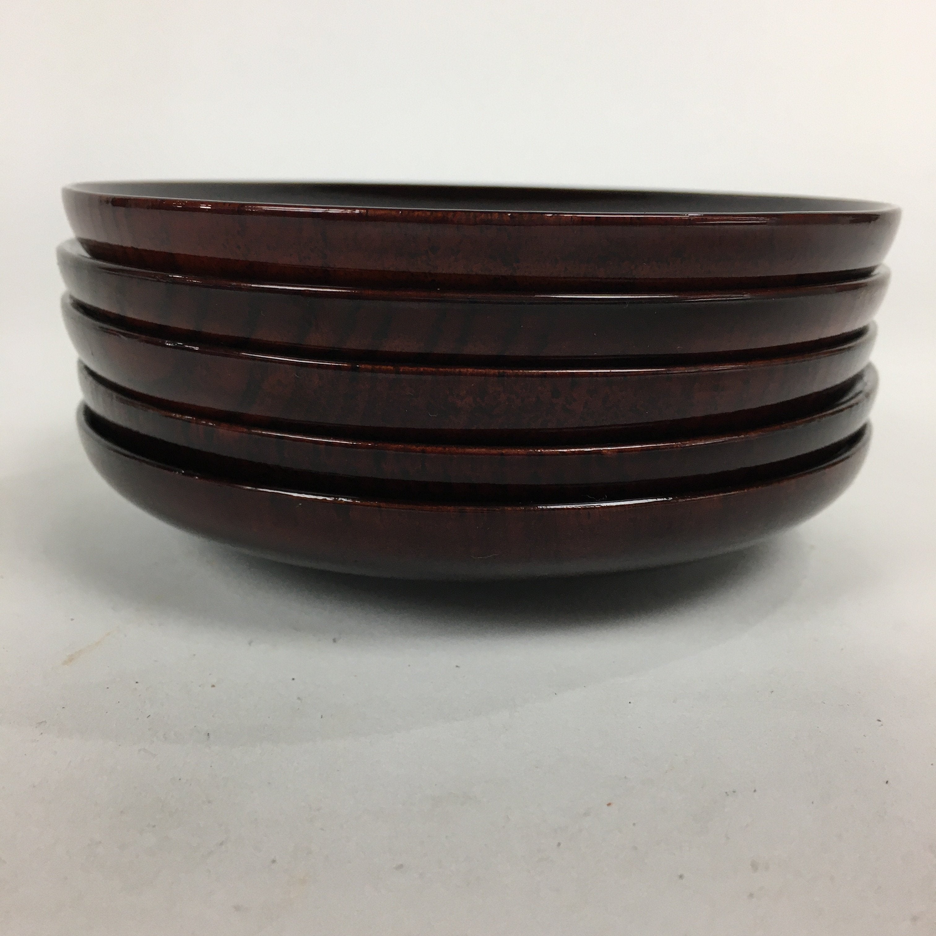Japanese Wood Lacquer Drink Saucer 5pc Set Vtg Chataku Coaster Reddish-brown UR5