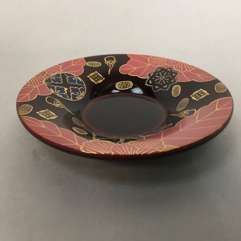 Japanese Wood Lacquer Drink Saucer Vtg Chataku Coaster Makie Floral Gold QT94