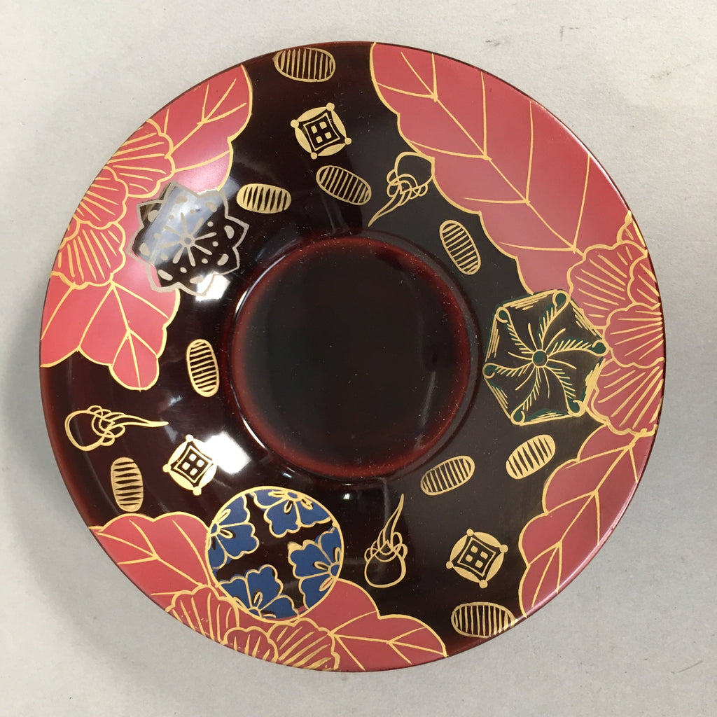 Japanese Wood Lacquer Drink Saucer Vtg Chataku Coaster Makie Floral Gold QT94