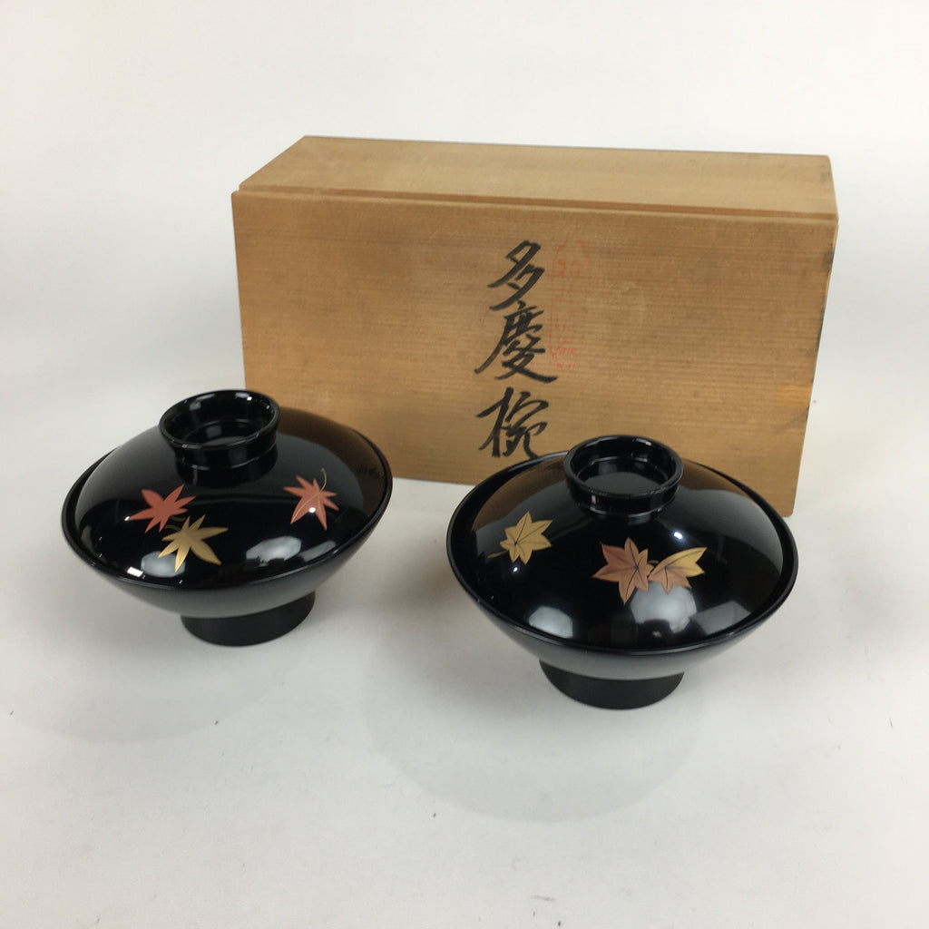 Japanese Wood Lacquer Lidded Soup Bowl 2pc Vtg Black Futatsuki-Owan LWB39