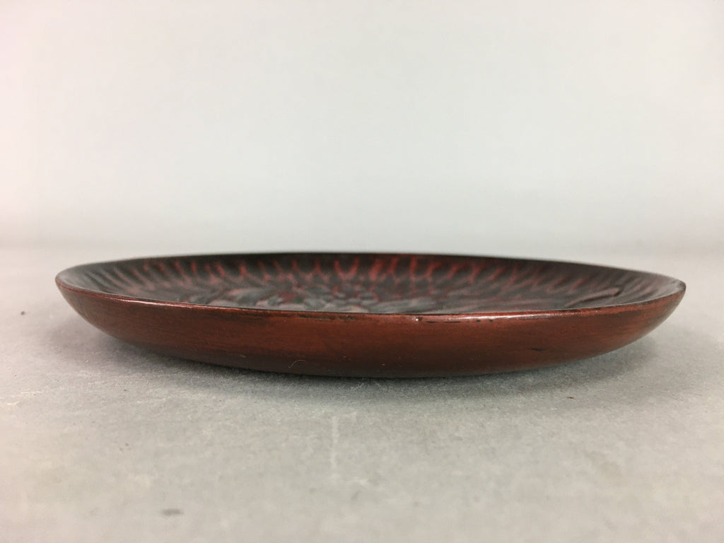 Japanese Wood Lacquer Plate Kamakura-Bori Vtg Brown Hand-carved Floral UR242