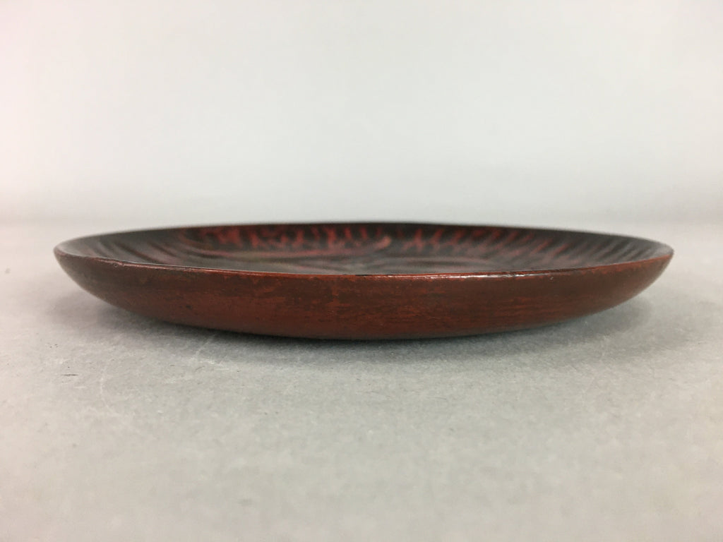 Japanese Wood Lacquer Plate Kamakura-Bori Vtg Brown Hand-carved Floral UR242