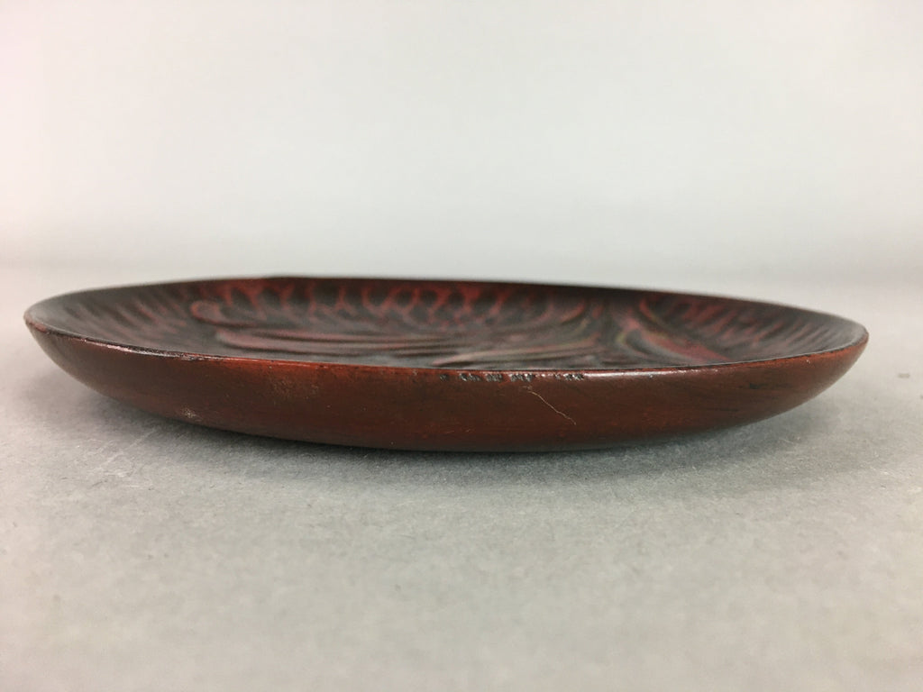Japanese Wood Lacquer Plate Kamakura-Bori Vtg Brown Hand-carved Floral UR242