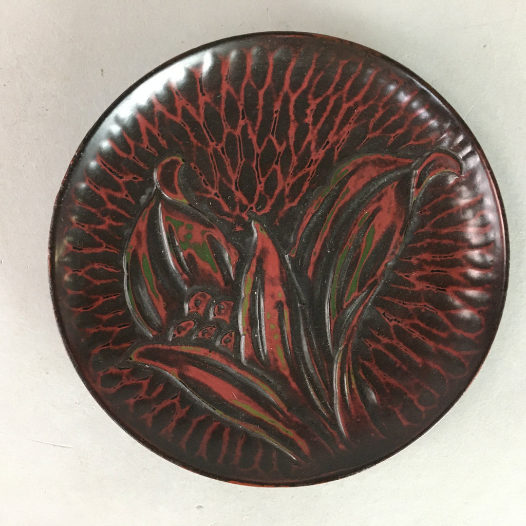 Japanese Wood Lacquer Plate Kamakura-Bori Vtg Brown Hand-carved Floral UR243