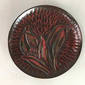 Japanese Wood Lacquer Plate Kamakura-Bori Vtg Brown Hand-carved Floral UR243