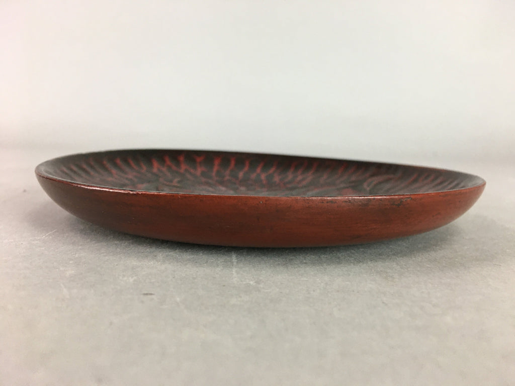 Japanese Wood Lacquer Plate Kamakura-Bori Vtg Brown Hand-carved Floral UR243
