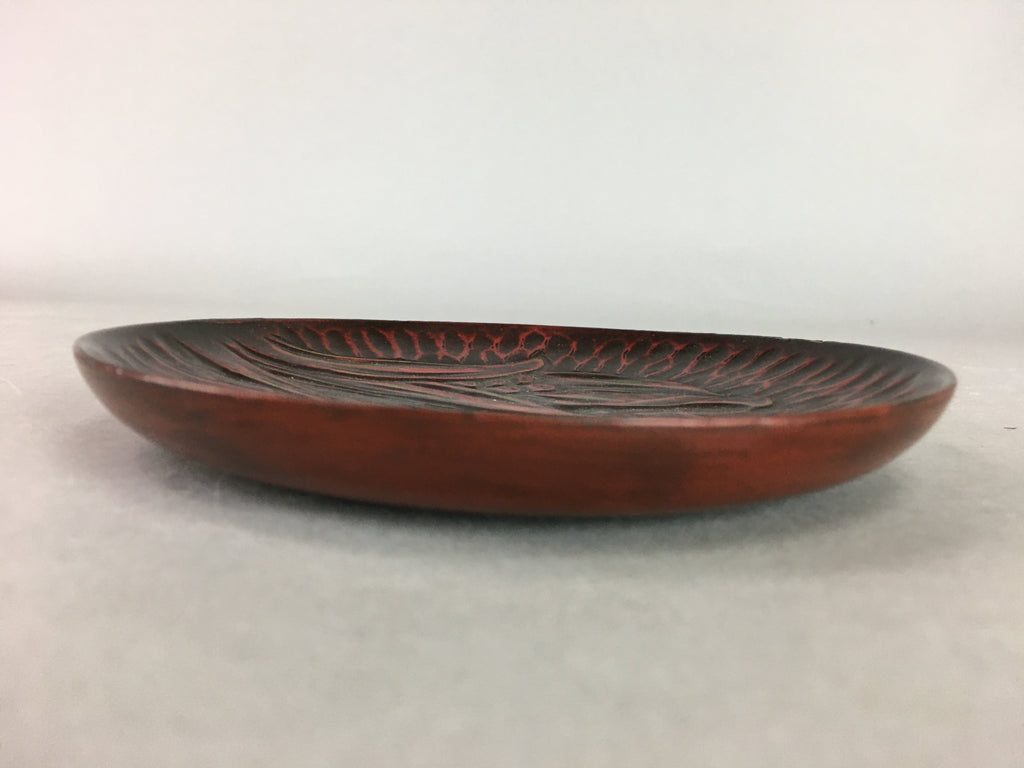 Japanese Wood Lacquer Plate Kamakura-Bori Vtg Brown Hand-carved Floral UR243