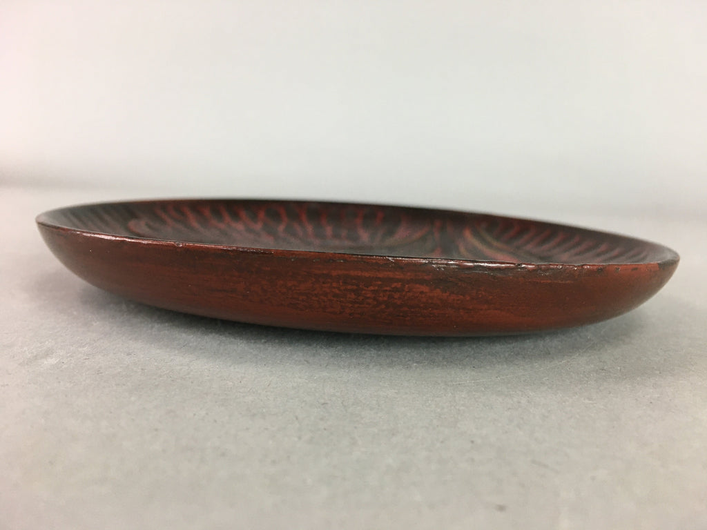 Japanese Wood Lacquer Plate Kamakura-Bori Vtg Brown Hand-carved Floral UR243