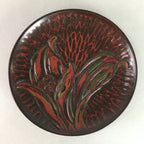 Japanese Wood Lacquer Plate Kamakura-Bori Vtg Brown Hand-carved Floral UR244