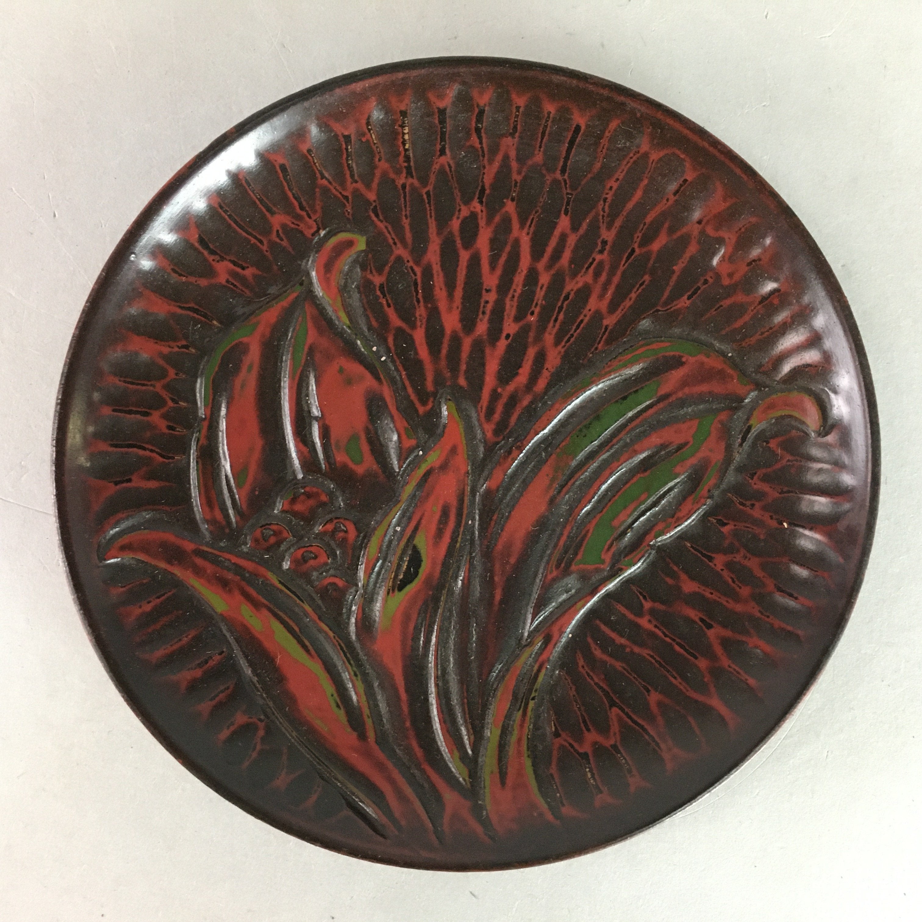 Japanese Wood Lacquer Plate Kamakura-Bori Vtg Brown Hand-carved Floral UR244