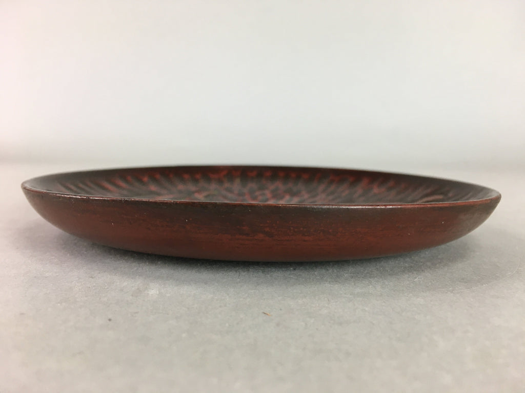 Japanese Wood Lacquer Plate Kamakura-Bori Vtg Brown Hand-carved Floral UR244