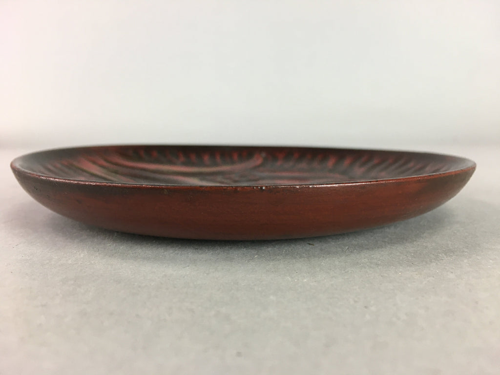 Japanese Wood Lacquer Plate Kamakura-Bori Vtg Brown Hand-carved Floral UR244