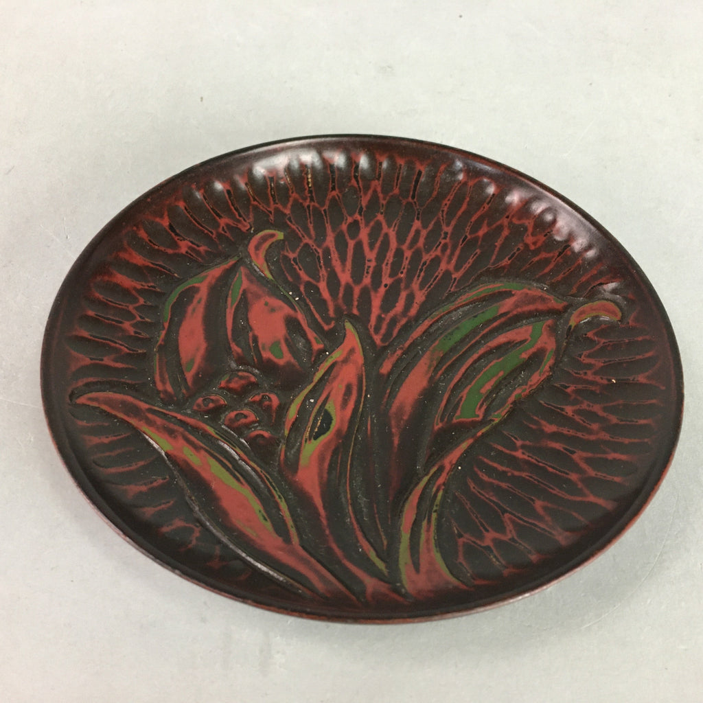 Japanese Wood Lacquer Plate Kamakura-Bori Vtg Brown Hand-carved Floral UR244